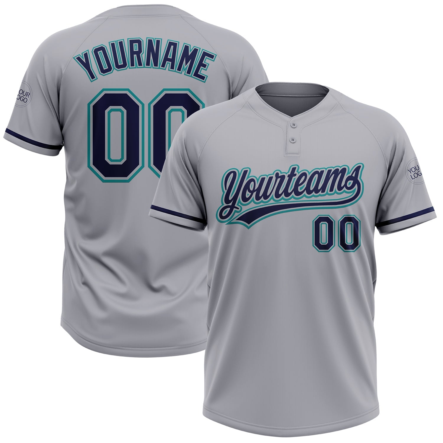 Custom Gray Navy-Teal Two-Button Unisex Softball Jersey - Main View