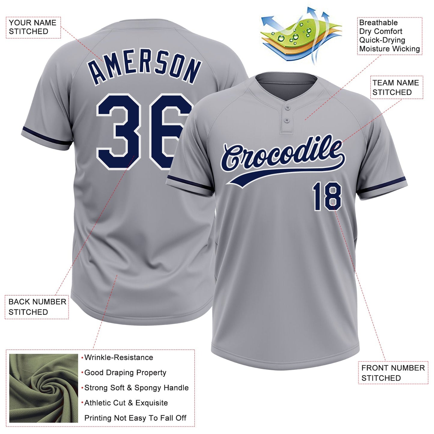 Custom Gray Navy-White Two-Button Unisex Softball Jersey view 3