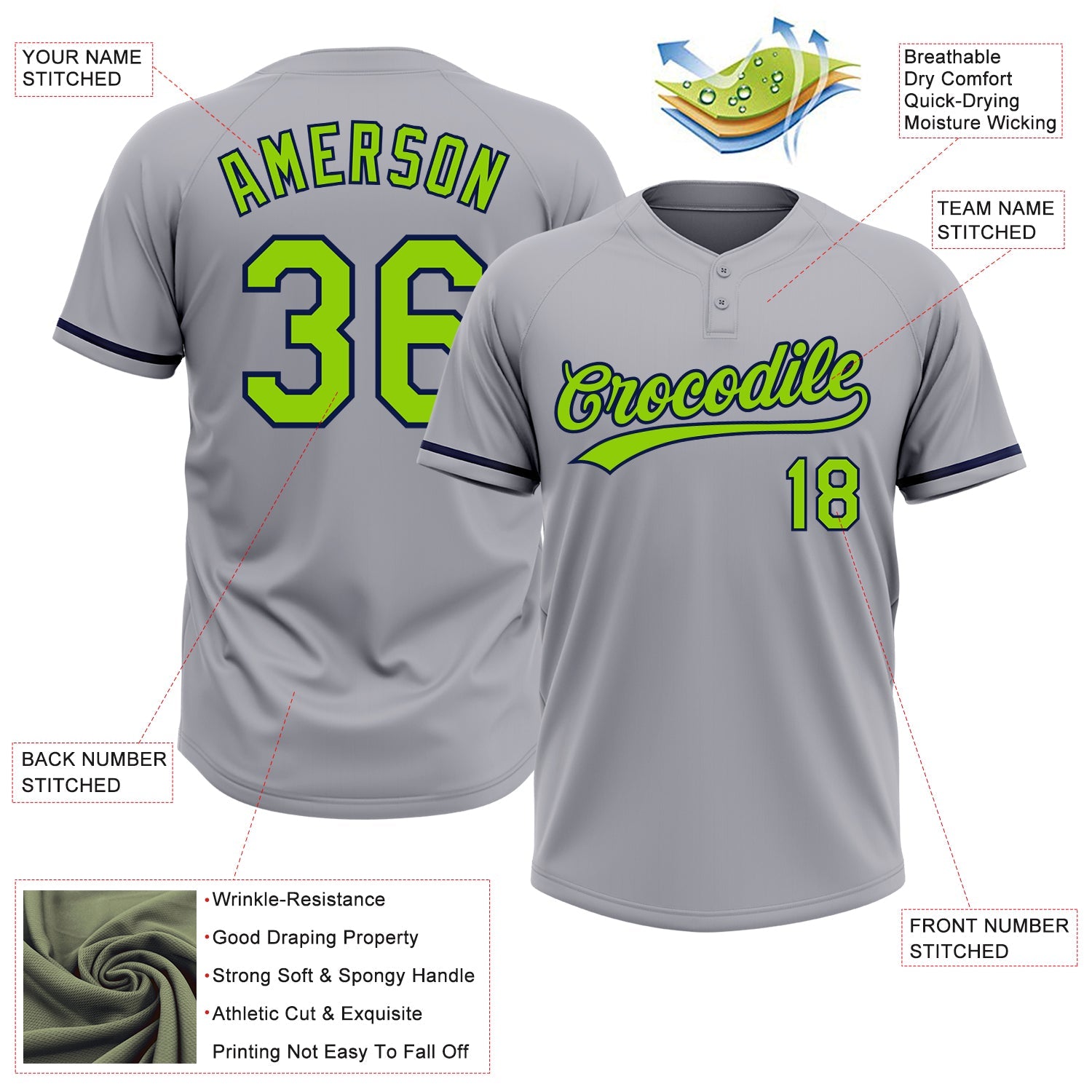 Custom Gray Neon Green-Navy Two-Button Unisex Softball Jersey view 3