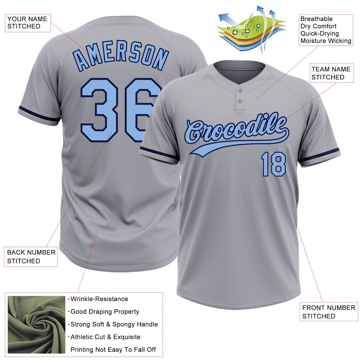 Custom Gray Light Blue-Navy Two-Button Unisex Softball Jersey view 3