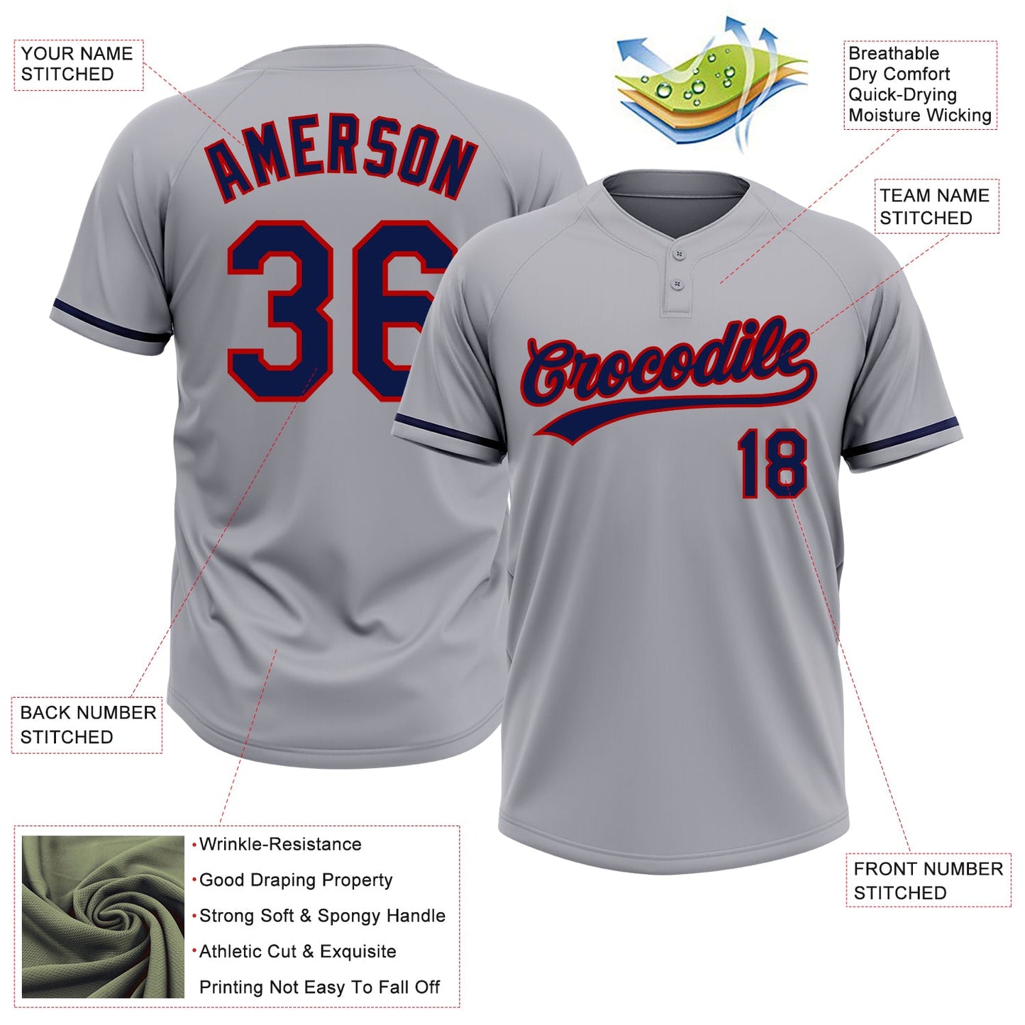 Custom Gray Navy-Red Two-Button Unisex Softball Jersey view 3