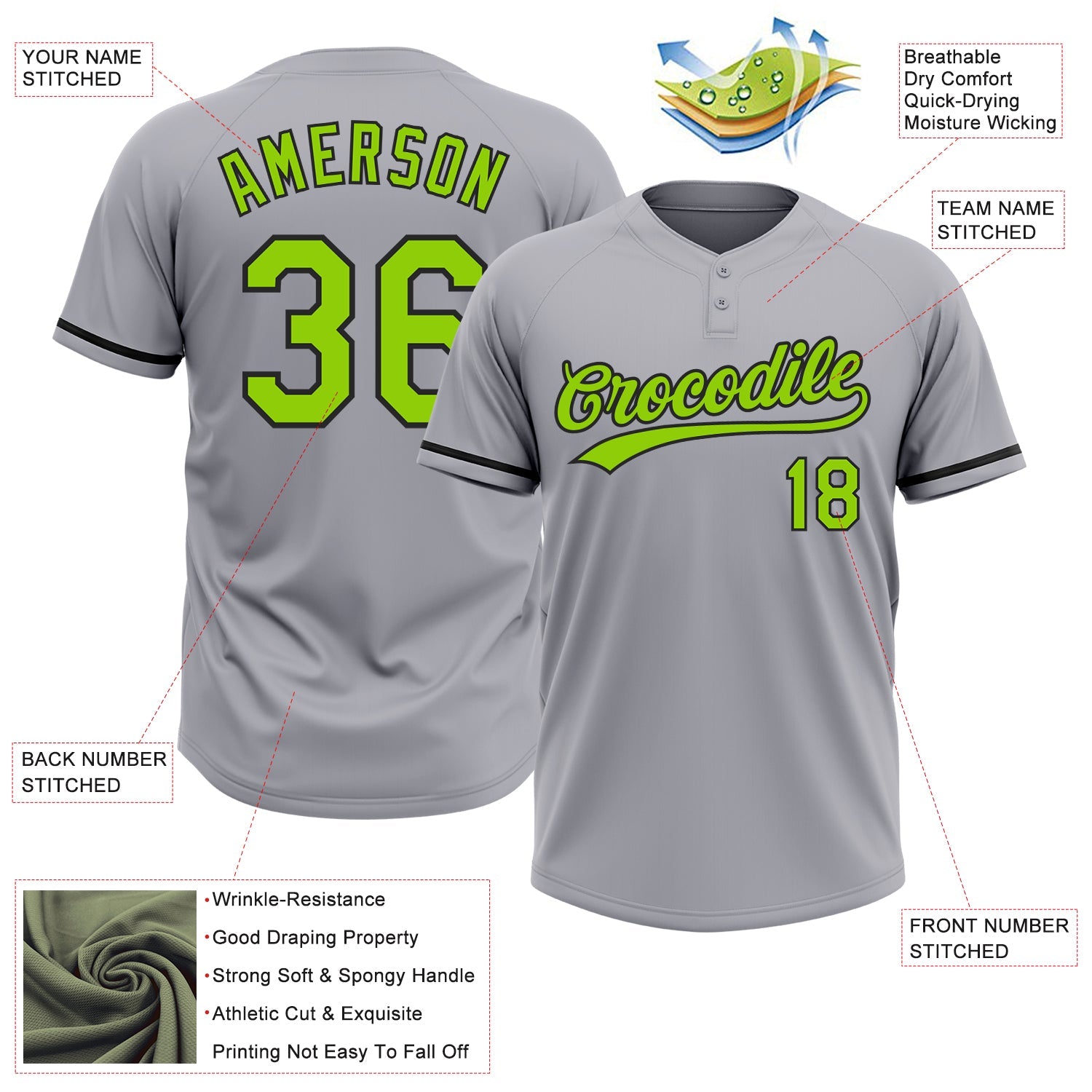 Custom Gray Neon Green-Black Two-Button Unisex Softball Jersey view 3