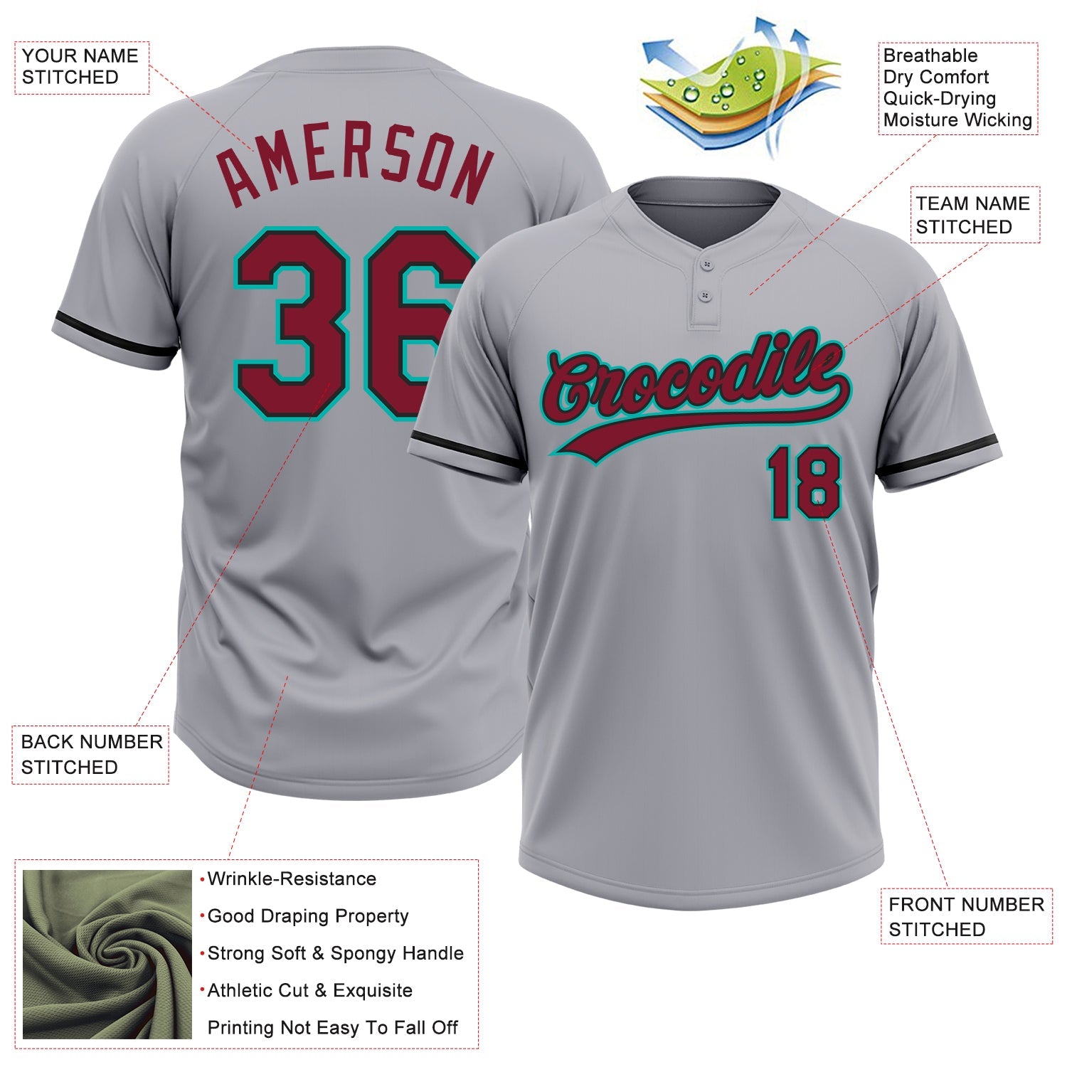 Custom Gray Crimson Black-Aqua Two-Button Unisex Softball Jersey view 3