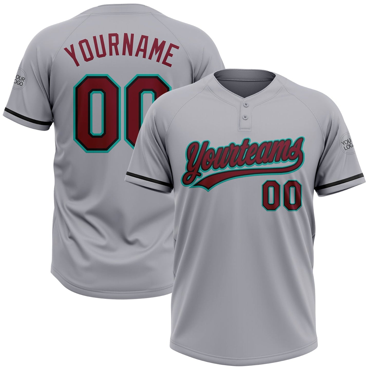 Custom Gray Crimson Black-Aqua Two-Button Unisex Softball Jersey - Main View