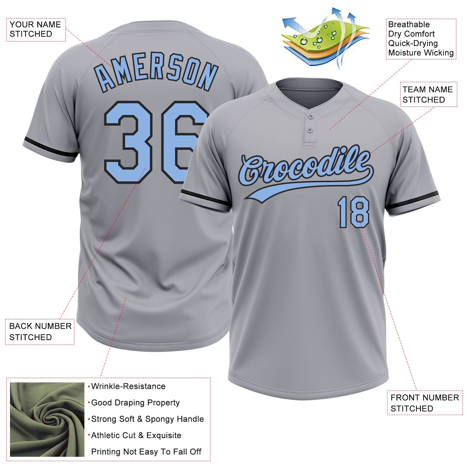 Custom Gray Light Blue-Black Two-Button Unisex Softball Jersey view 3