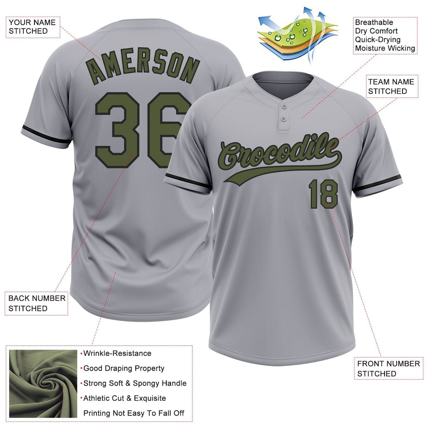 Custom Gray Olive-Black Two-Button Unisex Softball Jersey view 3