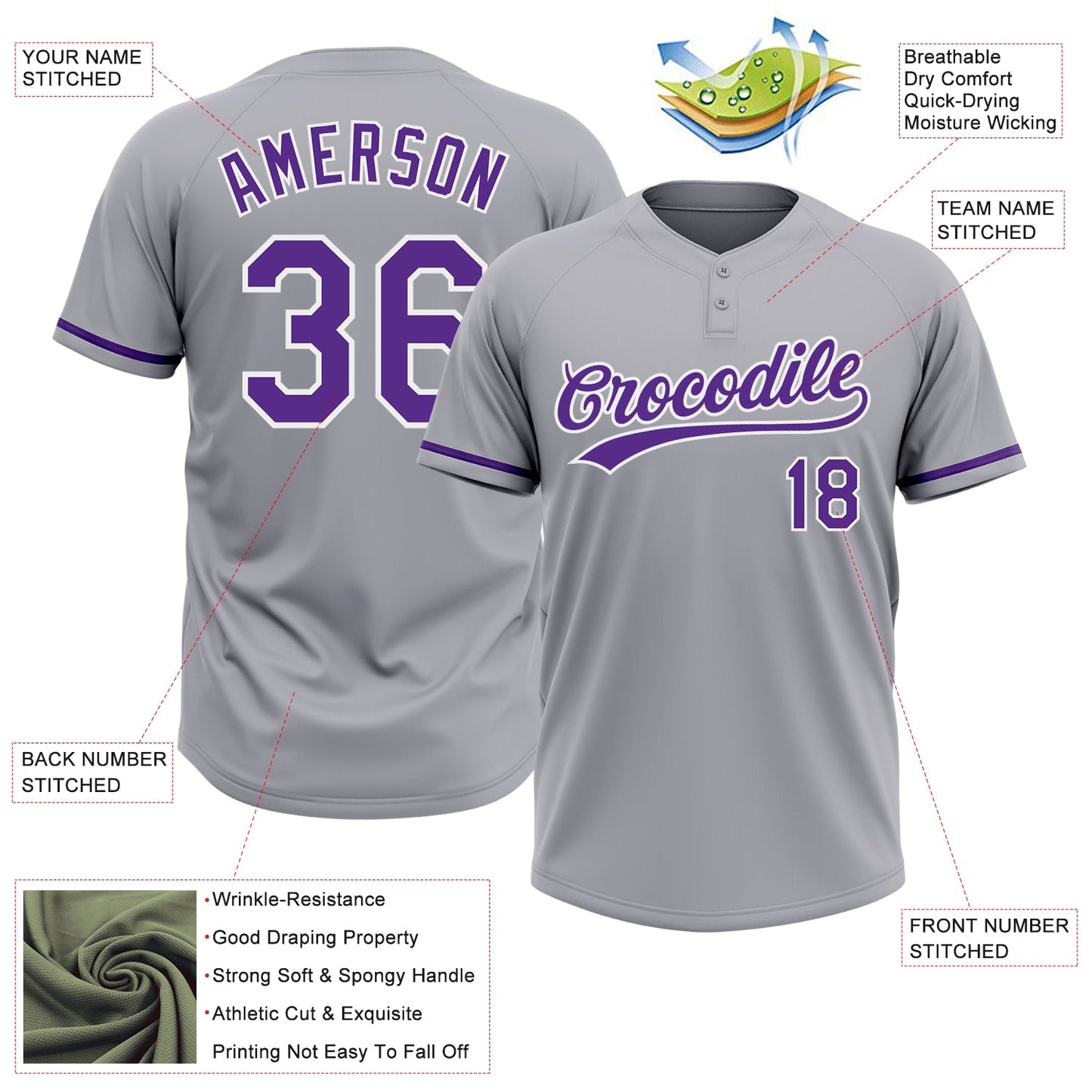 Custom Gray Purple-White Two-Button Unisex Softball Jersey view 3