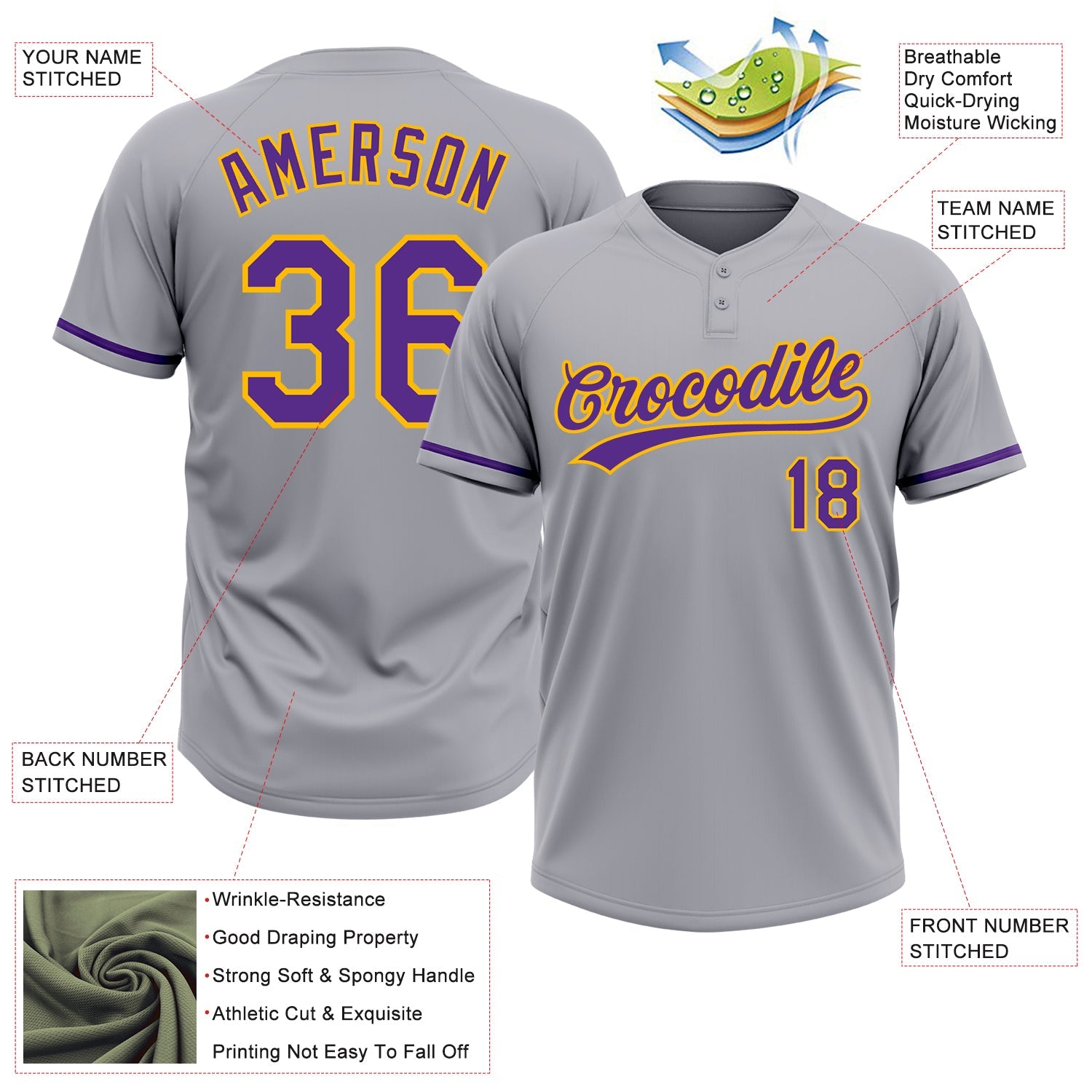 Custom Gray Purple-Gold Two-Button Unisex Softball Jersey view 3