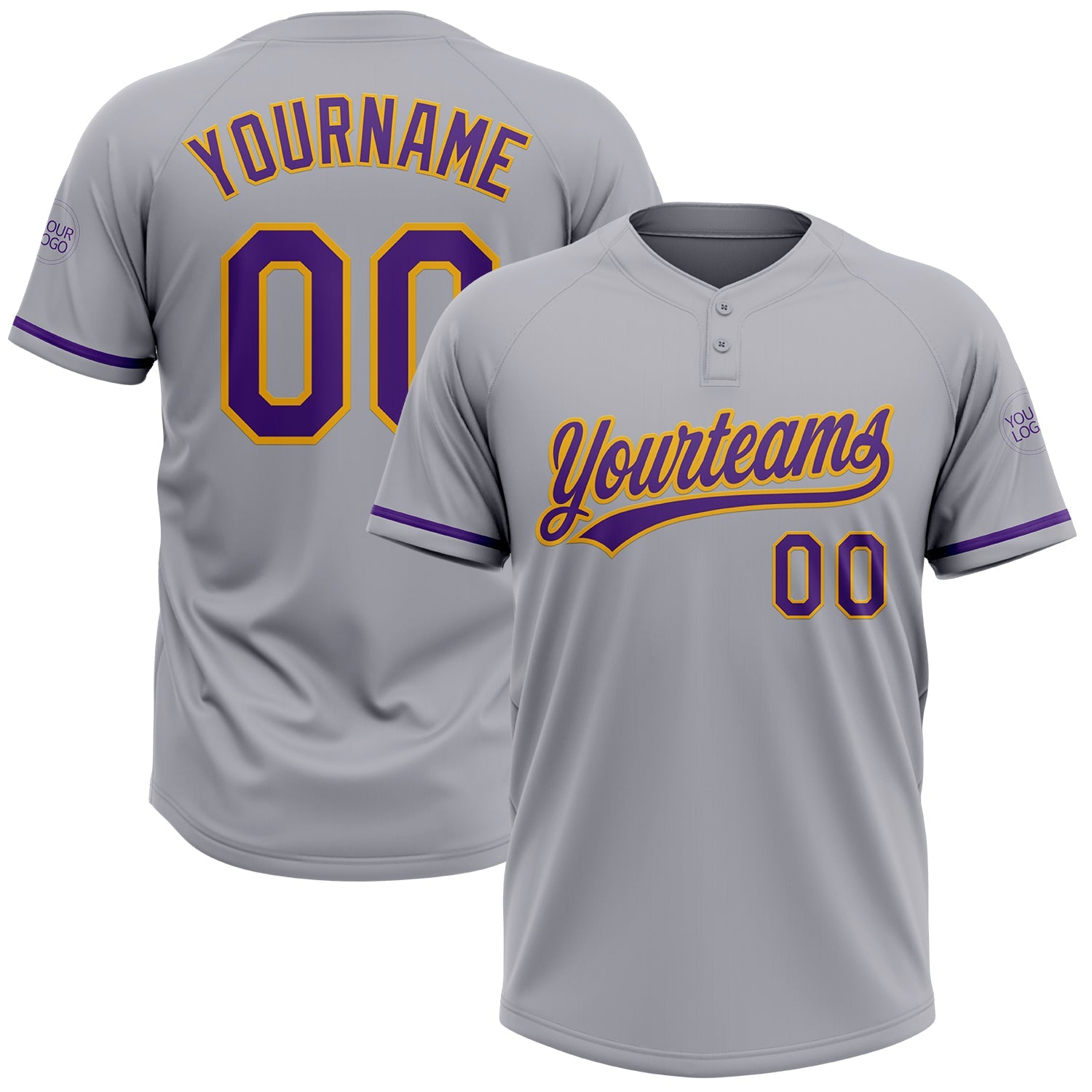 Custom Gray Purple-Gold Two-Button Unisex Softball Jersey - Main View