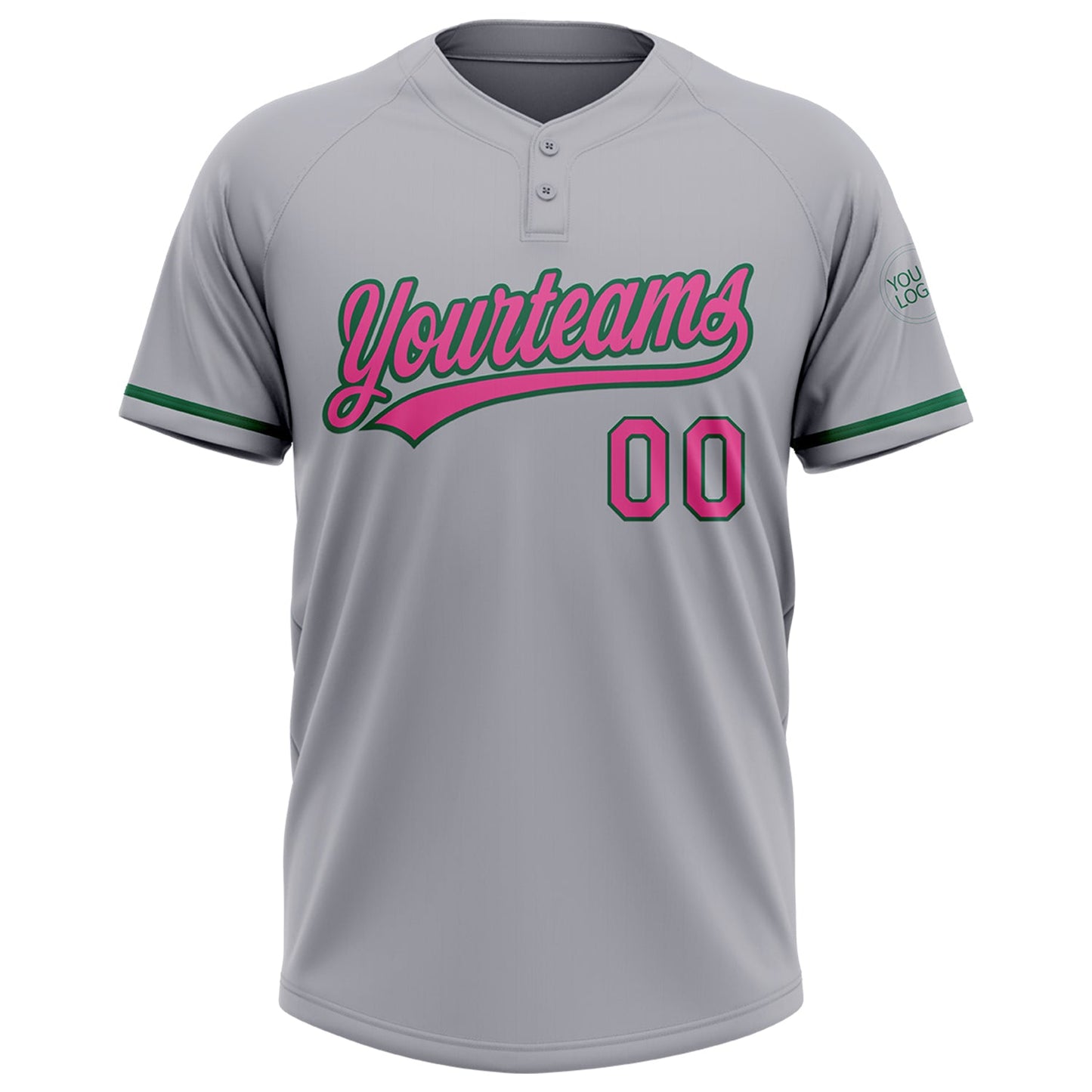Custom Gray Pink-Kelly Green Two-Button Unisex Softball Jersey view 2