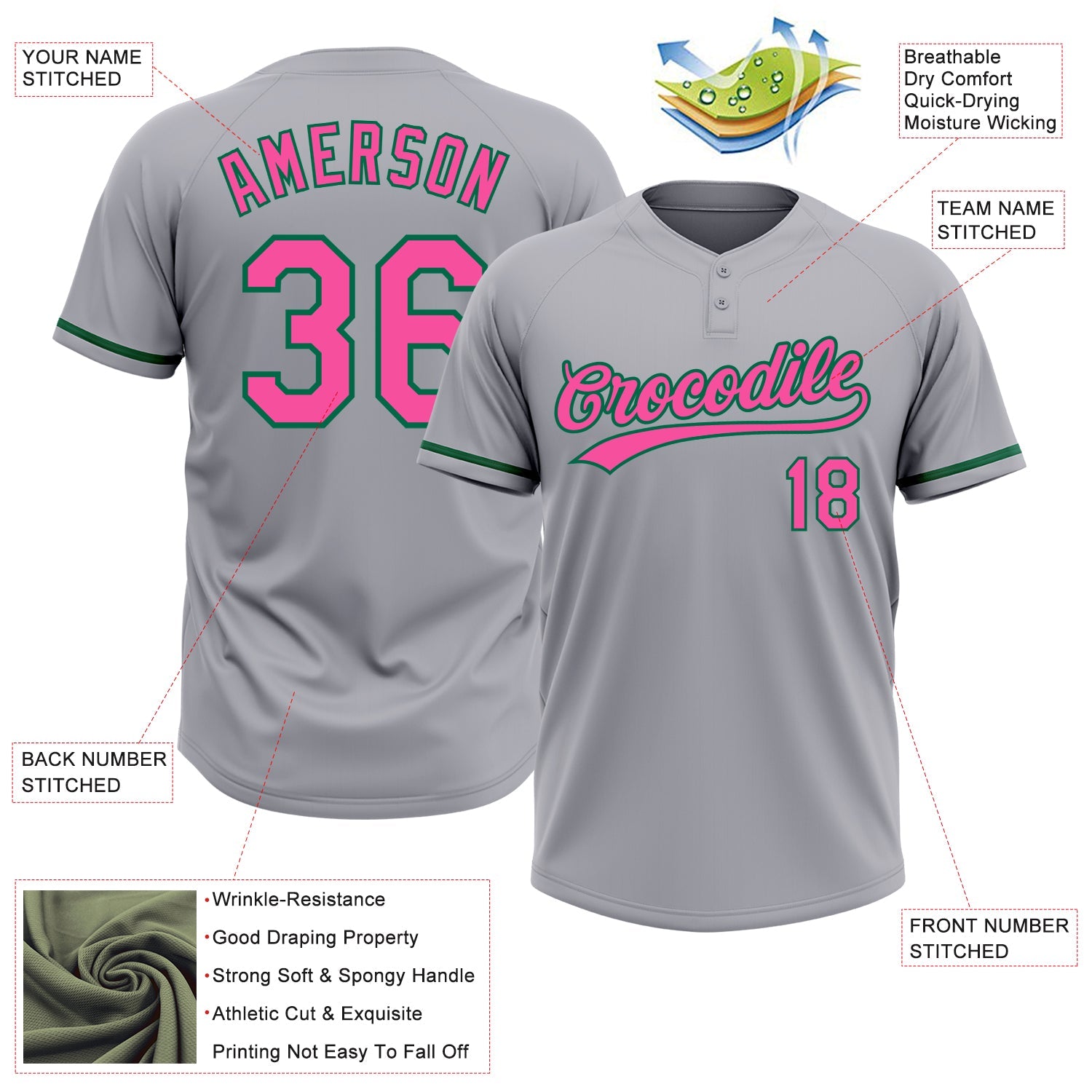 Custom Gray Pink-Kelly Green Two-Button Unisex Softball Jersey view 3