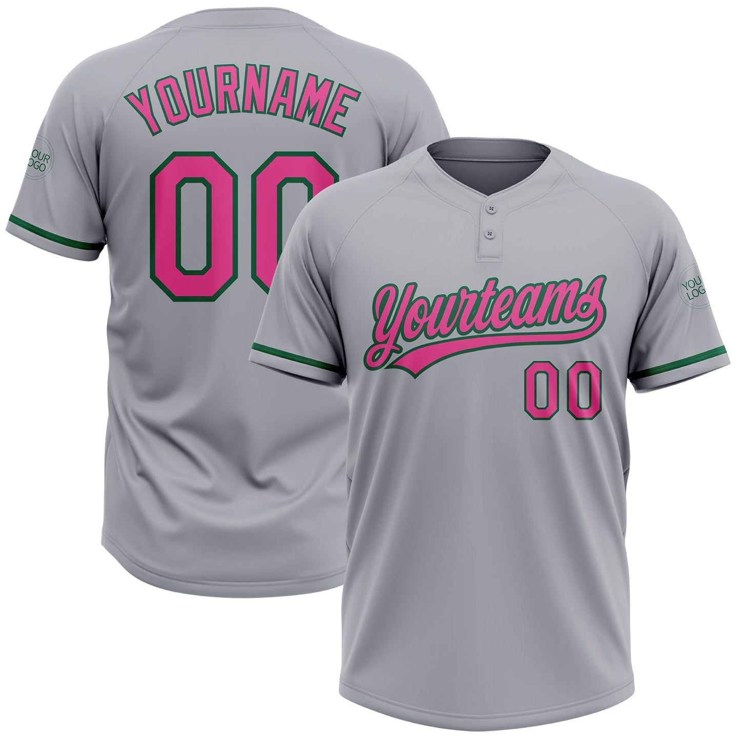 Custom Gray Pink-Kelly Green Two-Button Unisex Softball Jersey - Main View