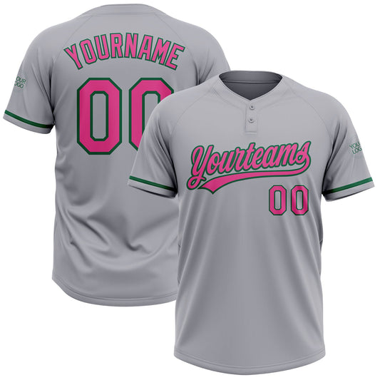 Custom Gray Pink-Kelly Green Two-Button Unisex Softball Jersey - Main View