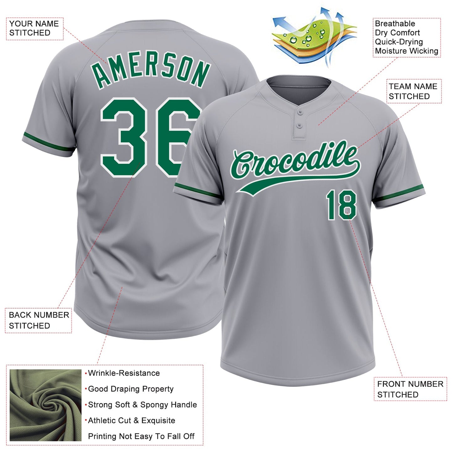 Custom Gray Kelly Green-White Two-Button Unisex Softball Jersey view 3