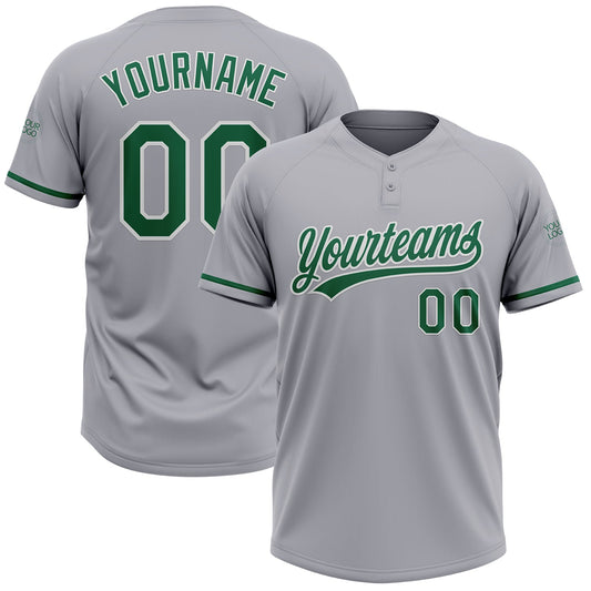 Custom Gray Kelly Green-White Two-Button Unisex Softball Jersey - Main View