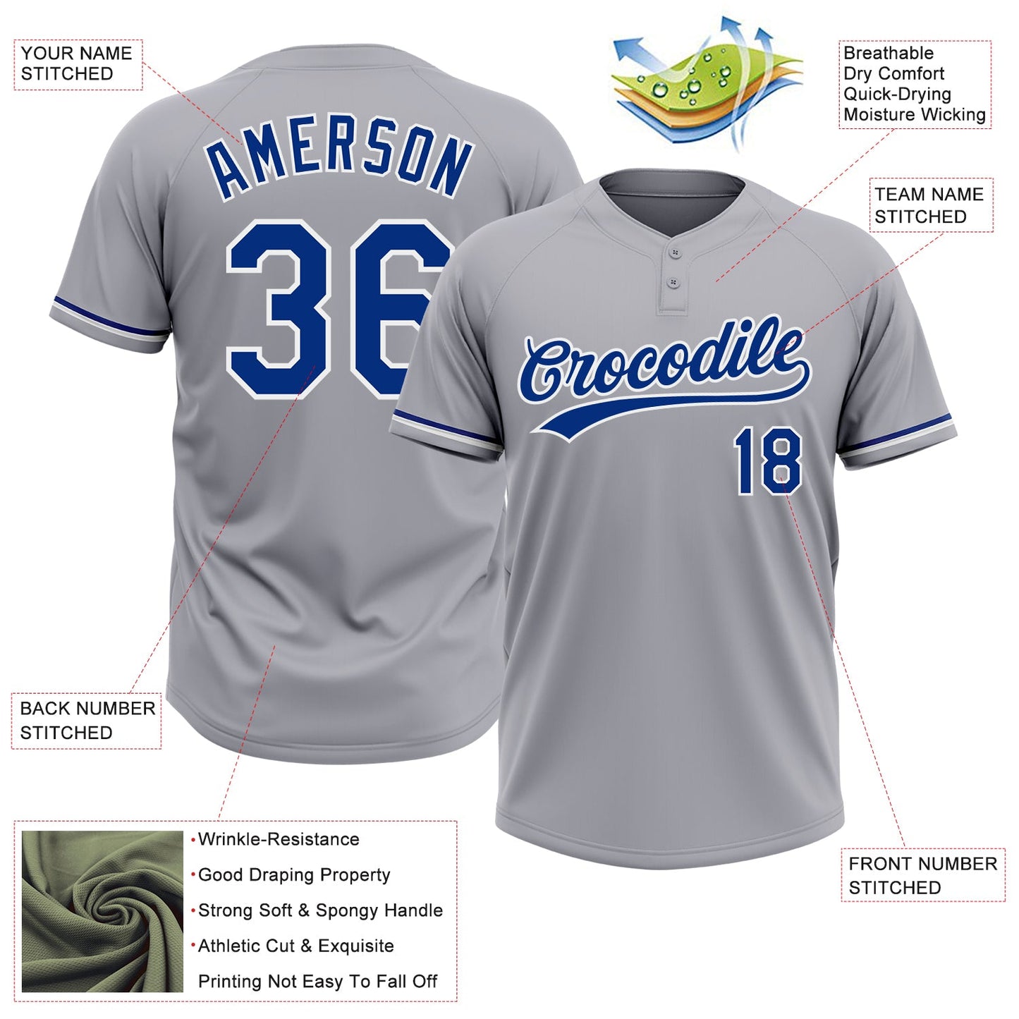 Custom Gray Royal-White Two-Button Unisex Softball Jersey view 3