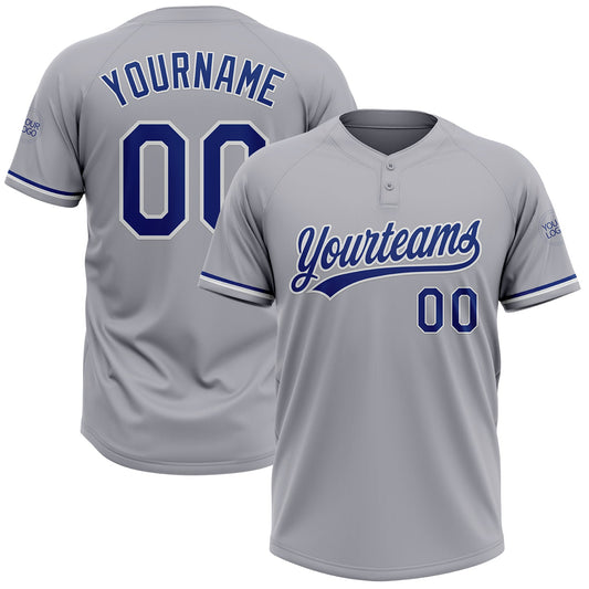 Custom Gray Royal-White Two-Button Unisex Softball Jersey - Main View