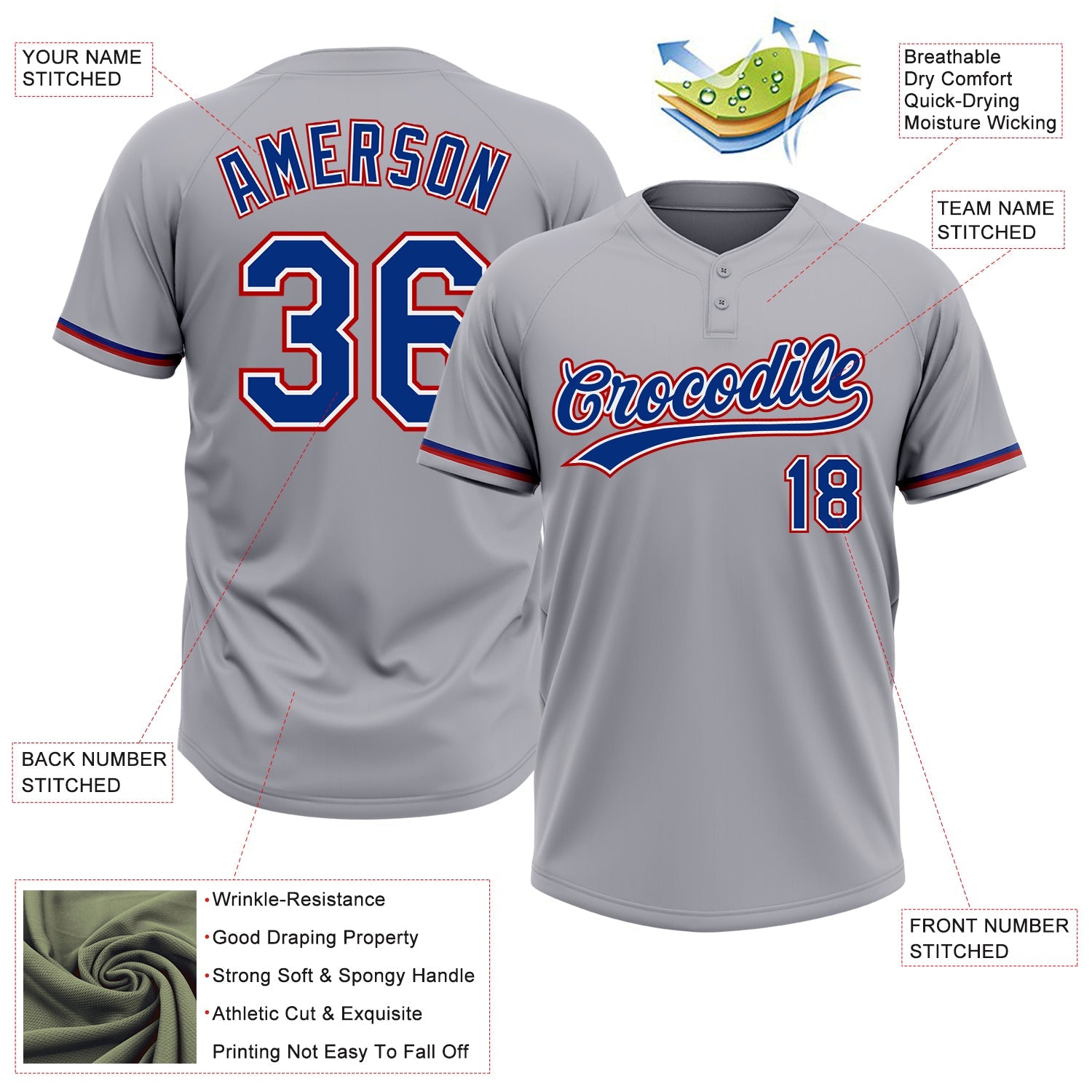 Custom Gray Royal-Red Two-Button Unisex Softball Jersey view 3