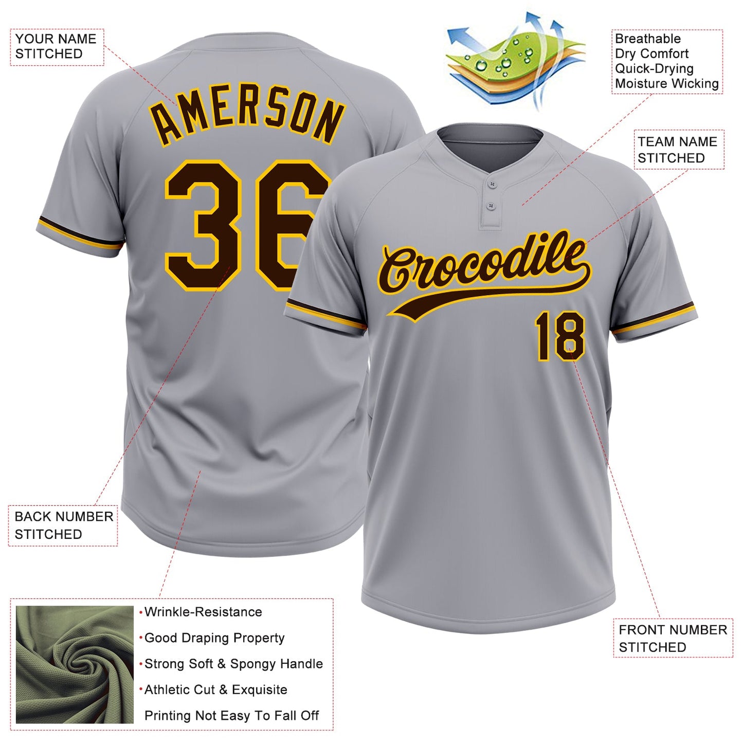 Custom Gray Brown-Yellow Two-Button Unisex Softball Jersey view 3