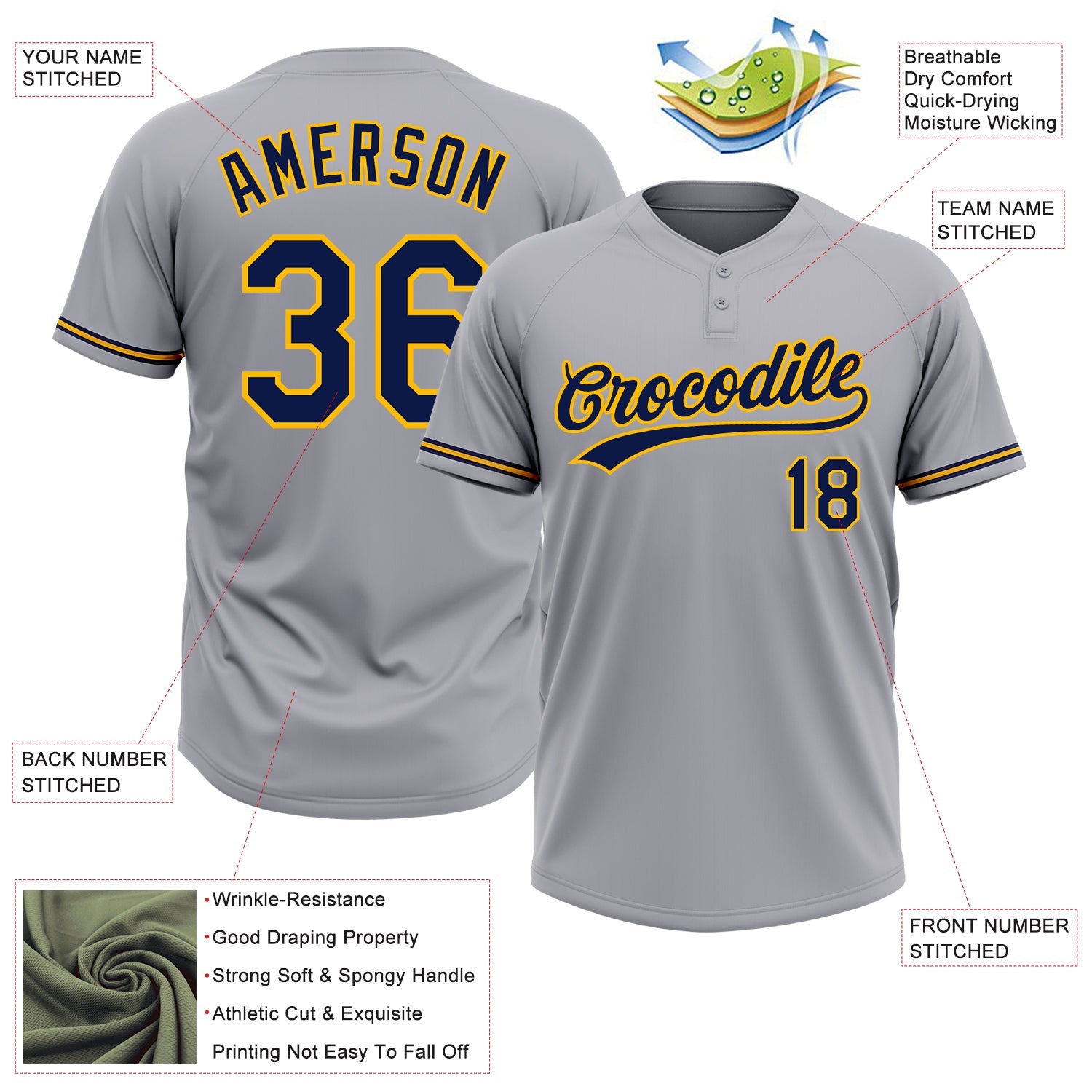Custom Gray Navy-Gold Two-Button Unisex Softball Jersey view 3