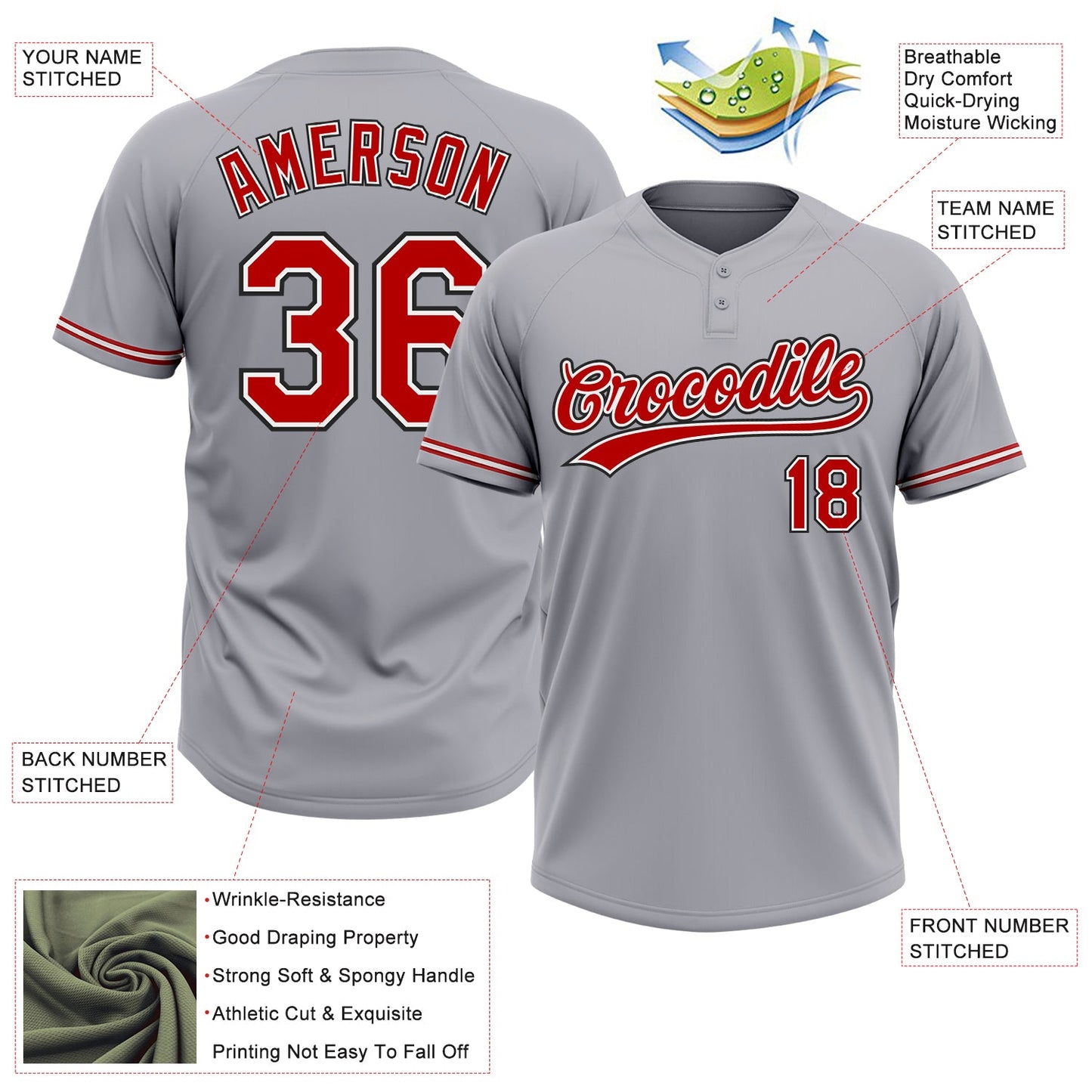 Custom Gray Red-Black Two-Button Unisex Softball Jersey view 3