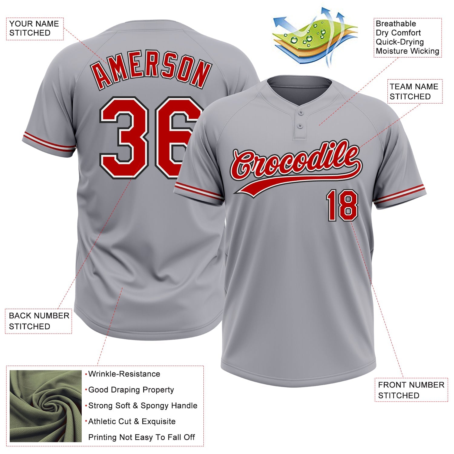 Custom Gray Red-Black Two-Button Unisex Softball Jersey view 3
