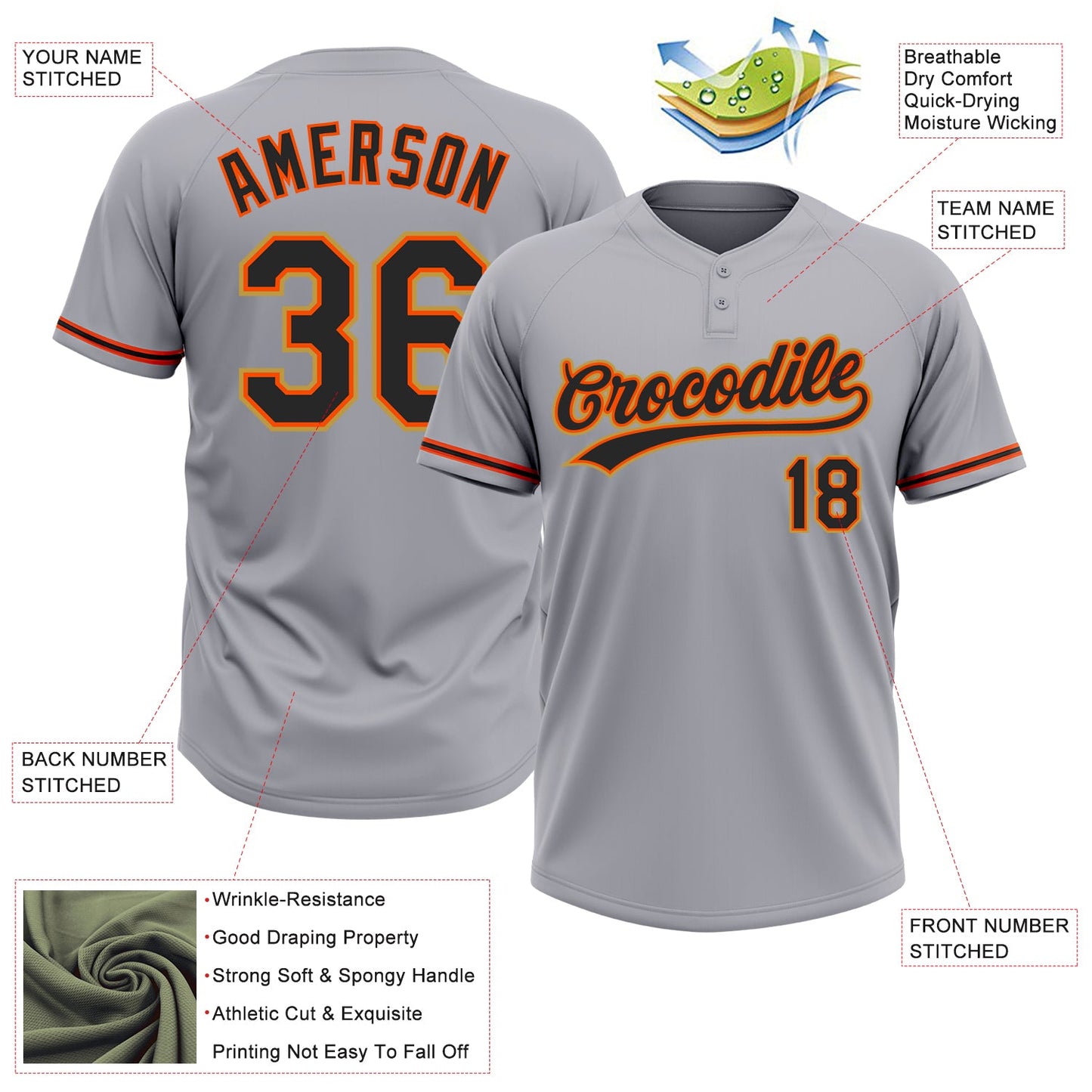 Custom Gray Black Orange-Old Gold Two-Button Unisex Softball Jersey view 3