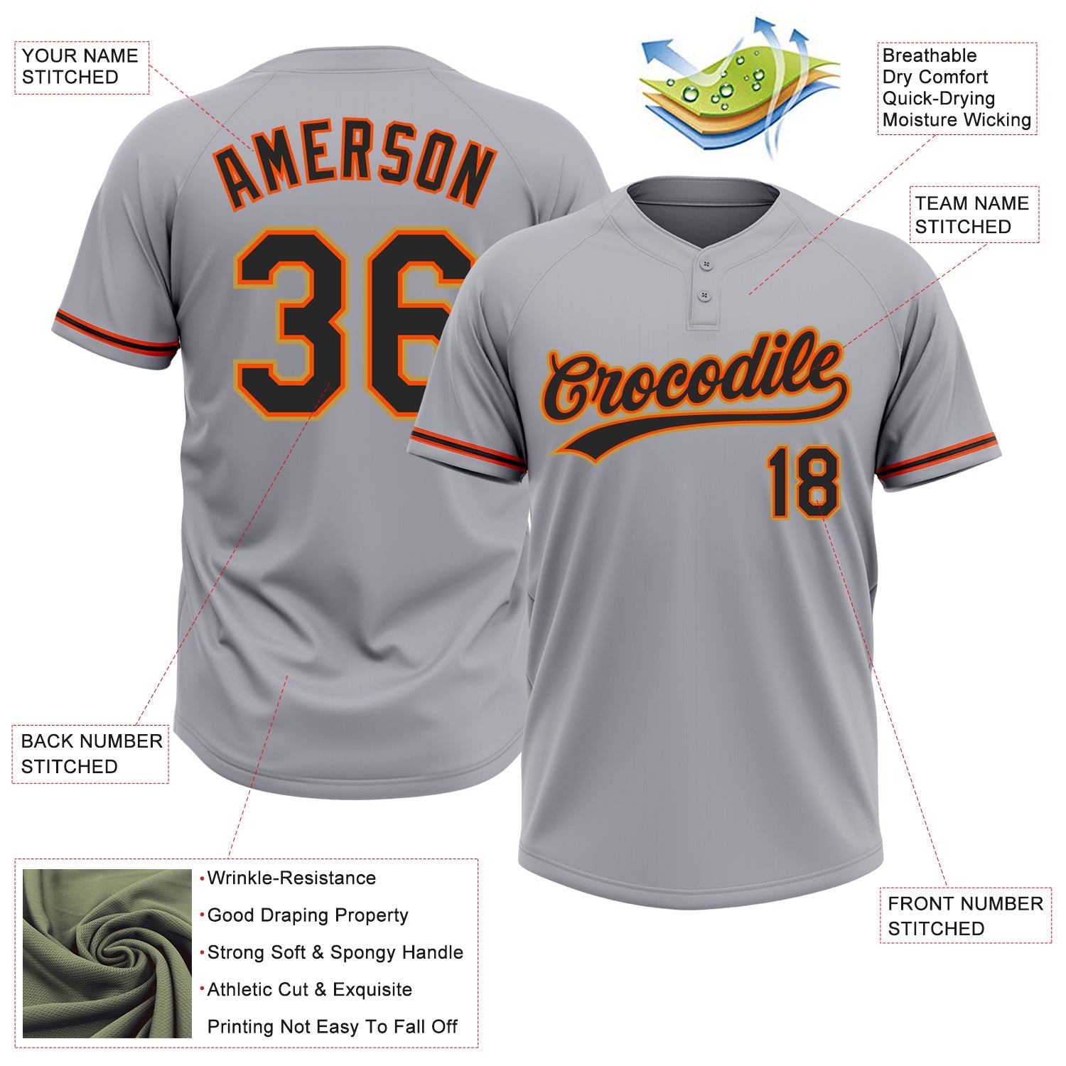 Custom Gray Black Orange-Old Gold Two-Button Unisex Softball Jersey view 3