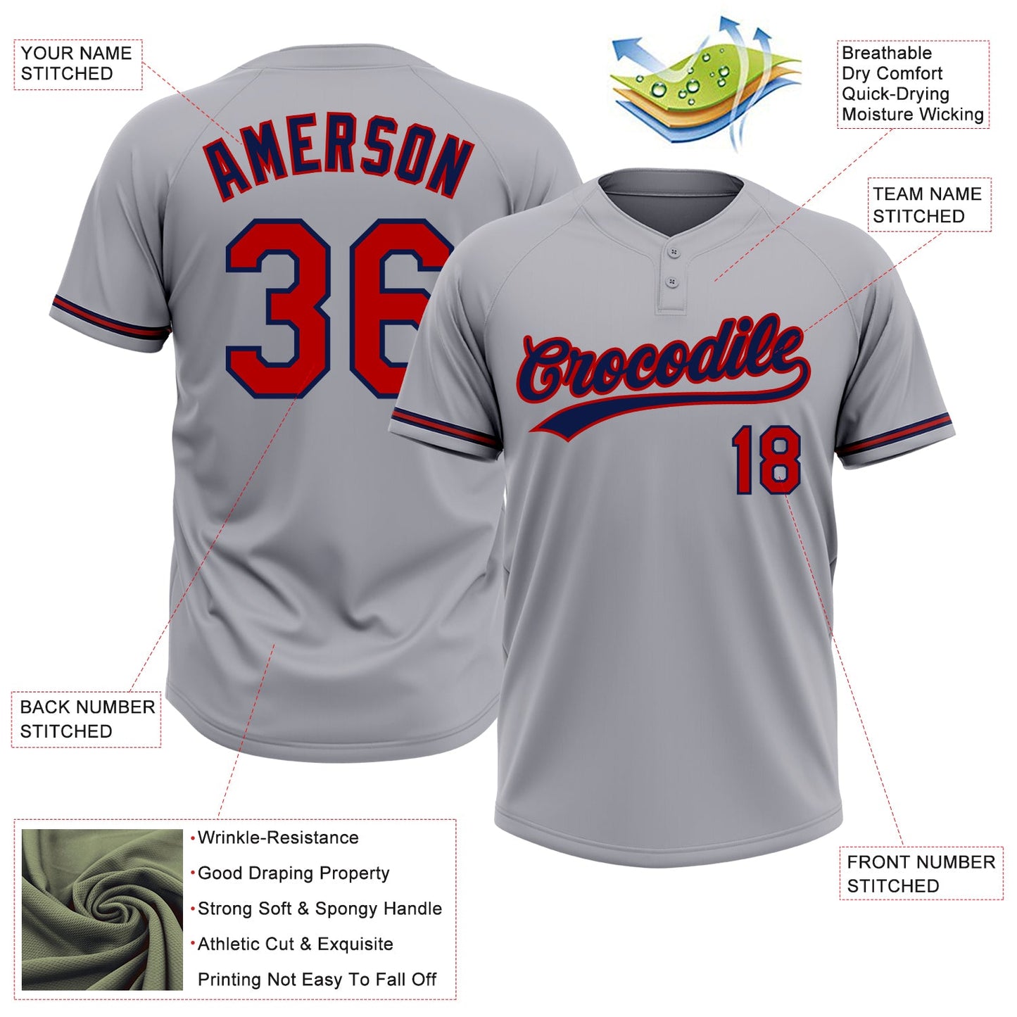 Custom Gray Red-Navy Two-Button Unisex Softball Jersey view 3