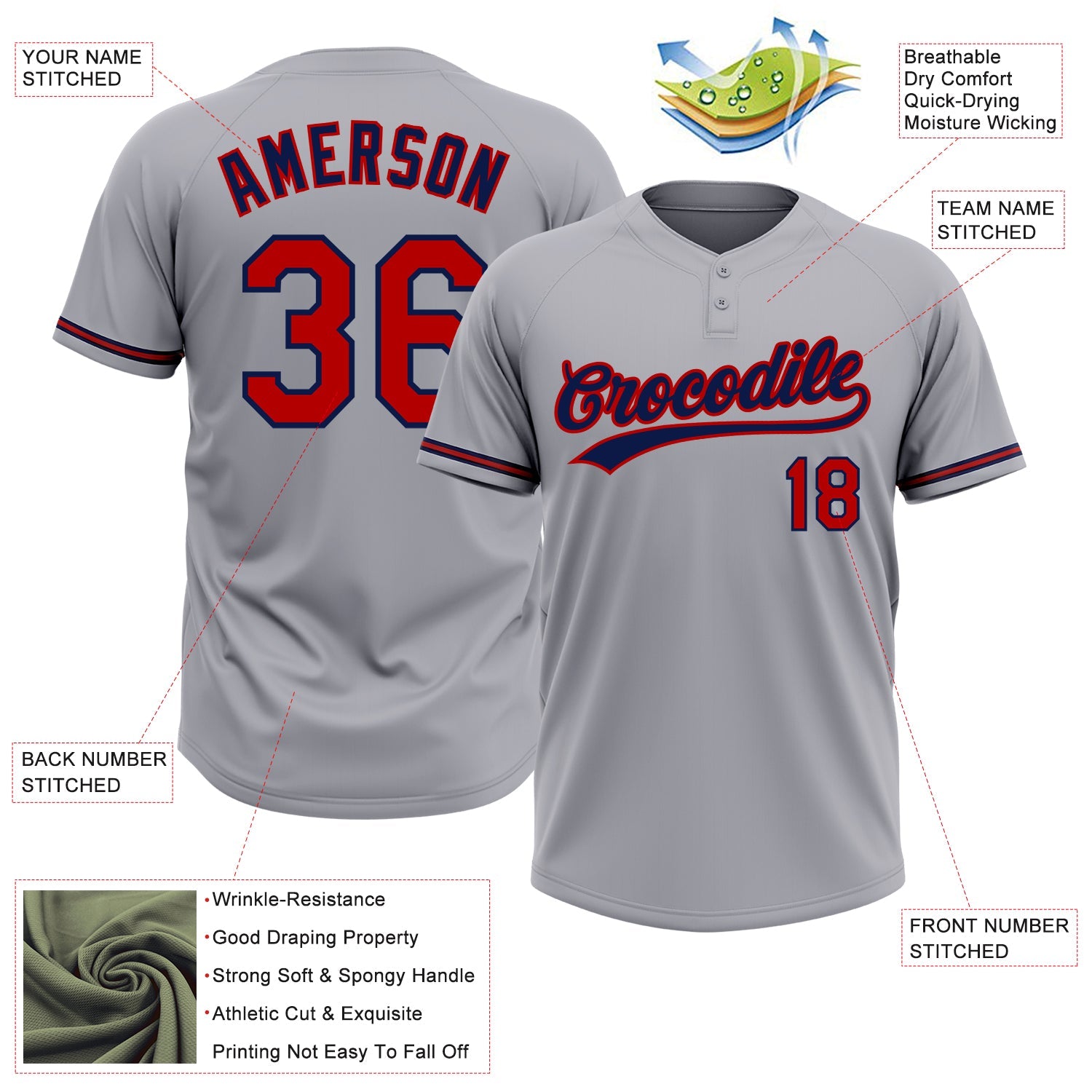 Custom Gray Red-Navy Two-Button Unisex Softball Jersey view 3