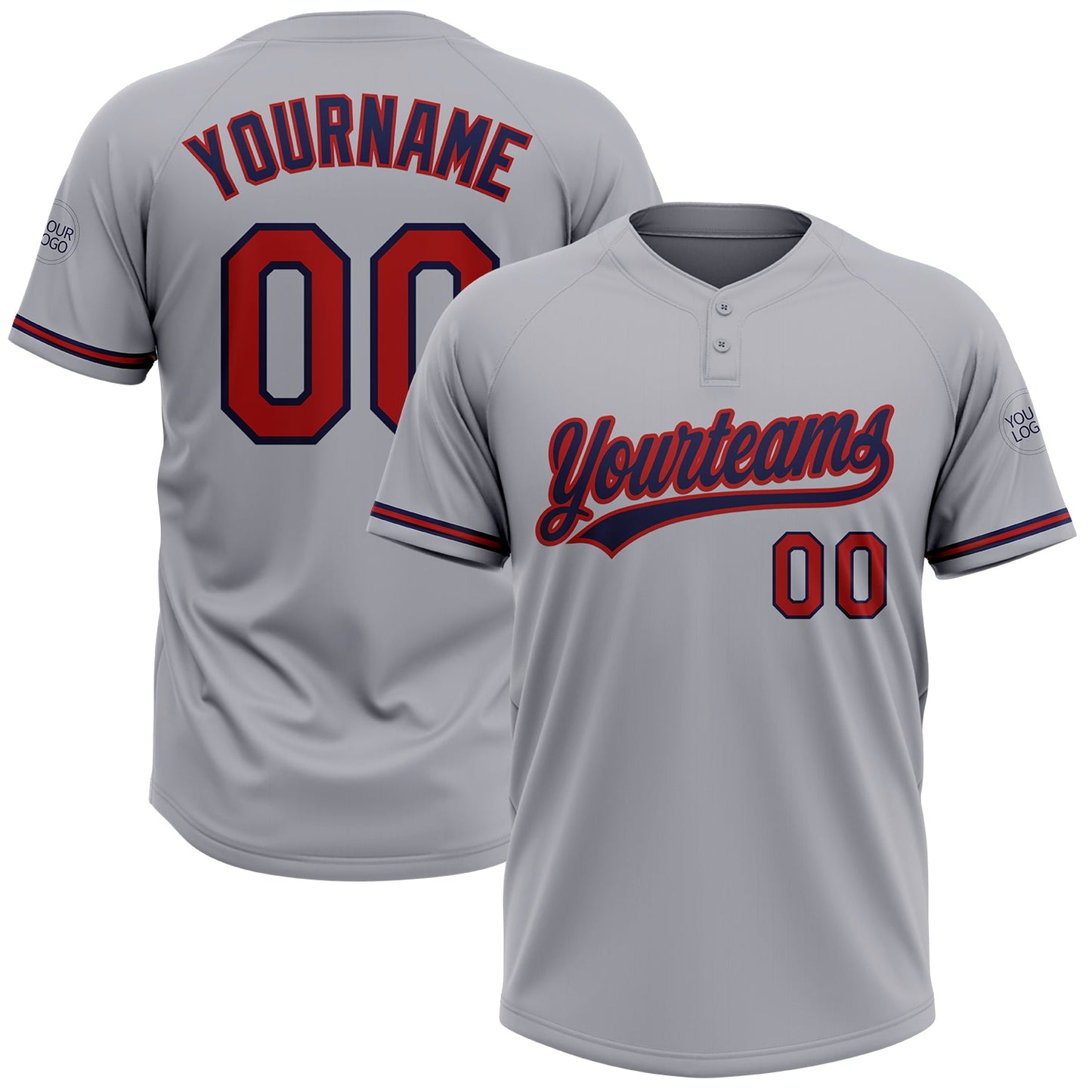 Custom Gray Red-Navy Two-Button Unisex Softball Jersey - Main View