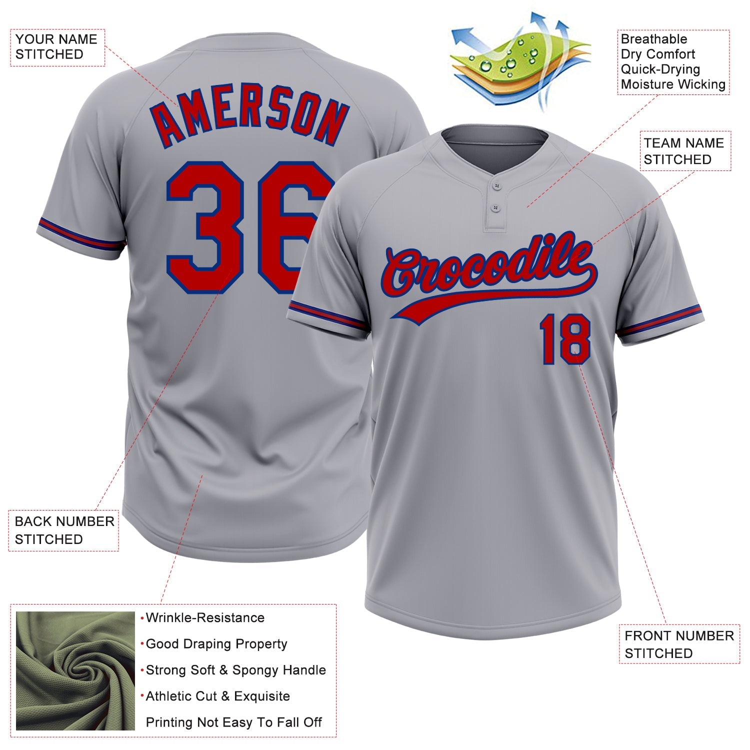 Custom Gray Red-Royal Two-Button Unisex Softball Jersey view 3