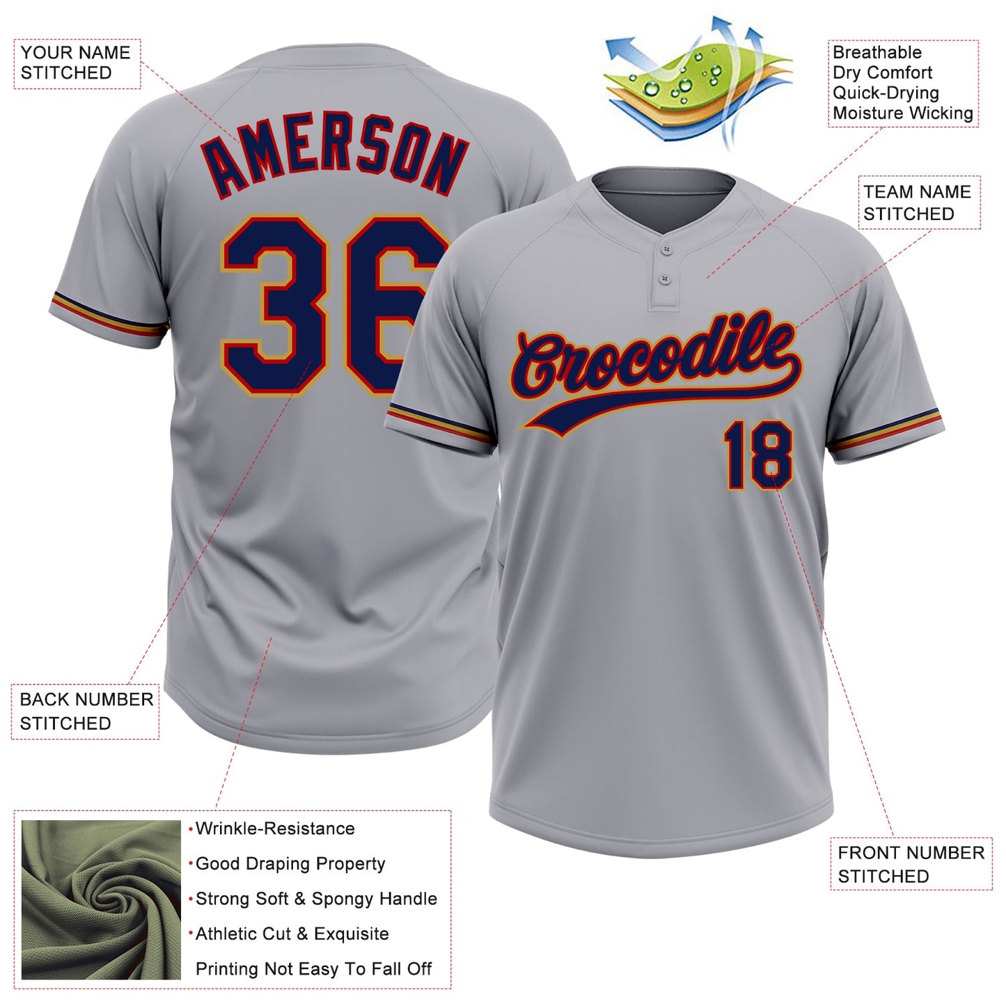 Custom Gray Navy Red-Old Gold Two-Button Unisex Softball Jersey view 3
