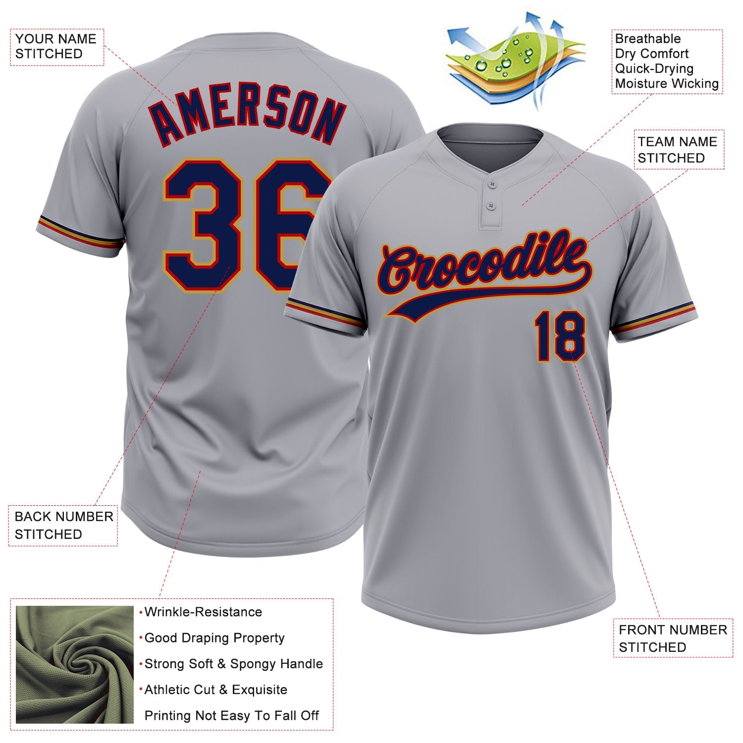 Custom Gray Navy Red-Old Gold Two-Button Unisex Softball Jersey view 3
