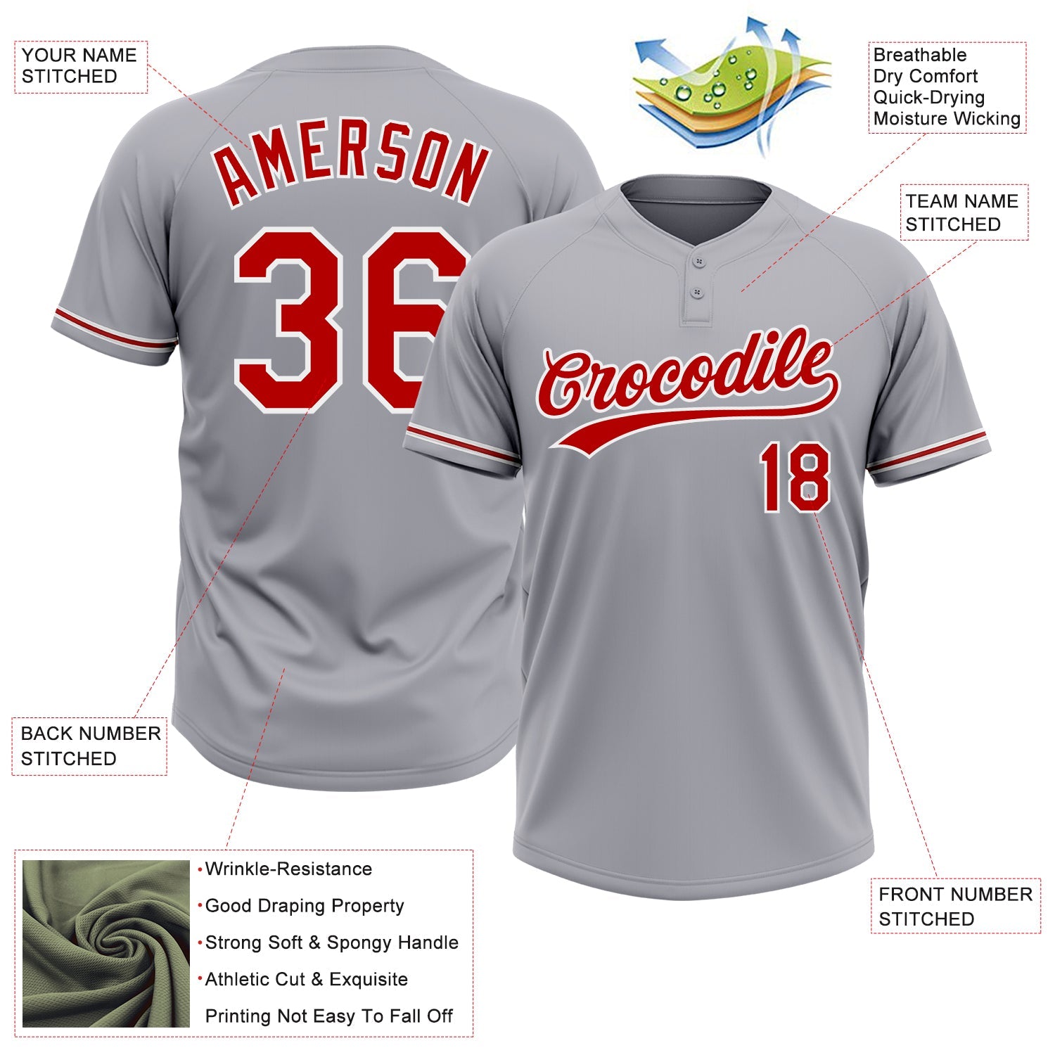 Custom Gray Red-White Two-Button Unisex Softball Jersey view 3