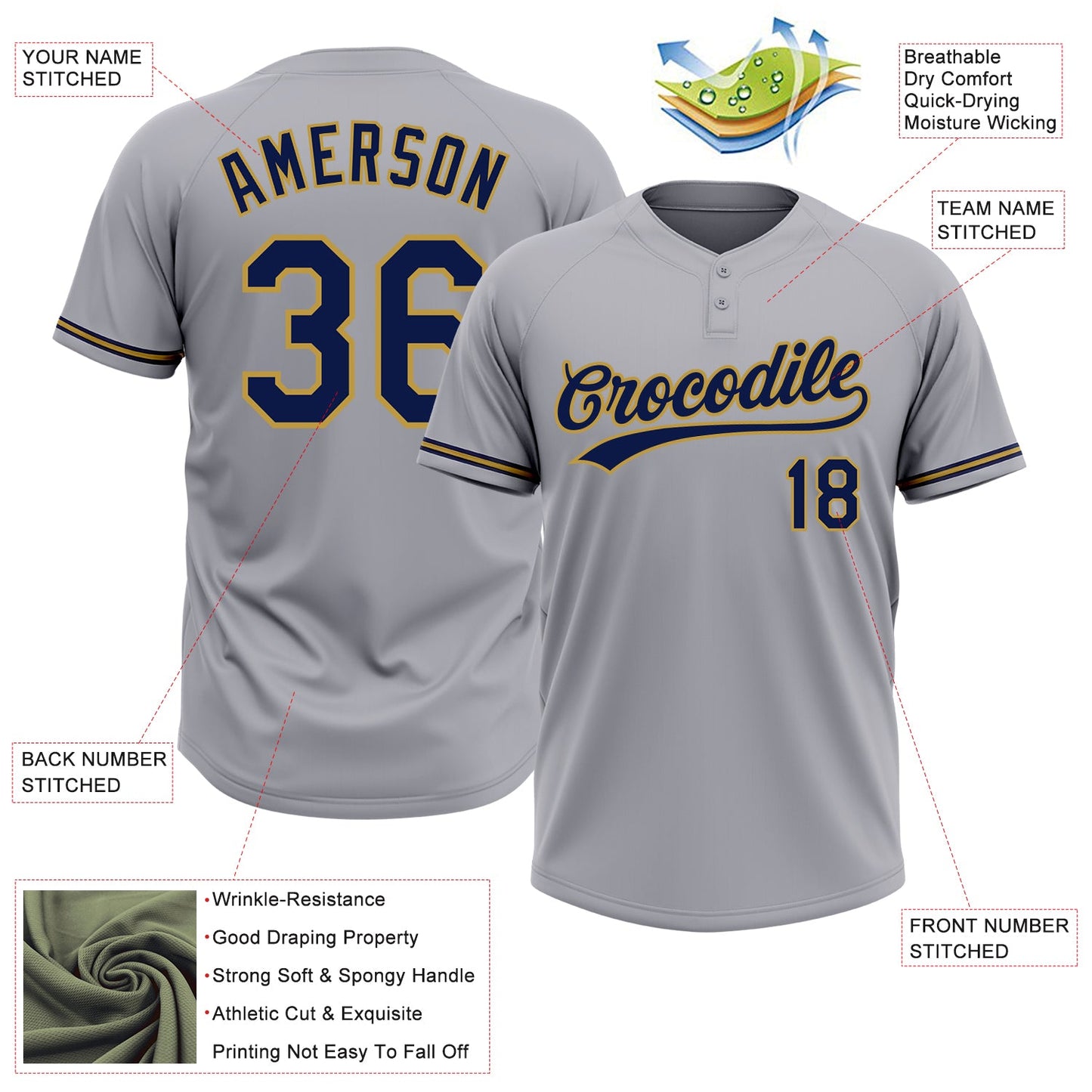 Custom Gray Navy-Old Gold Two-Button Unisex Softball Jersey view 3