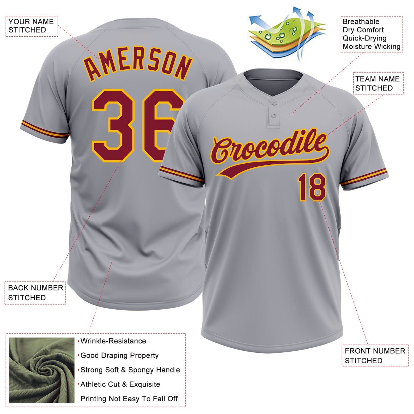 Custom Gray Crimson-Gold Two-Button Unisex Softball Jersey view 3