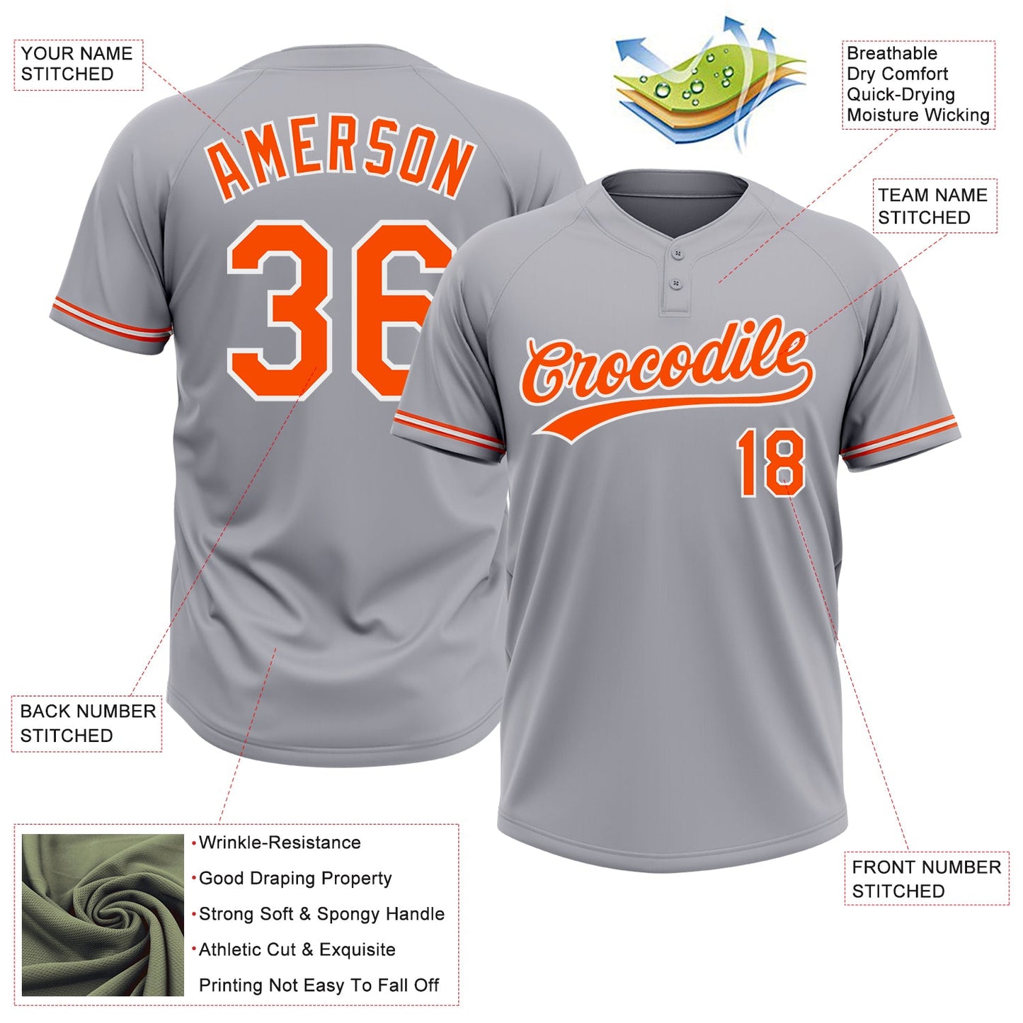 Custom Gray Orange-White Two-Button Unisex Softball Jersey view 3