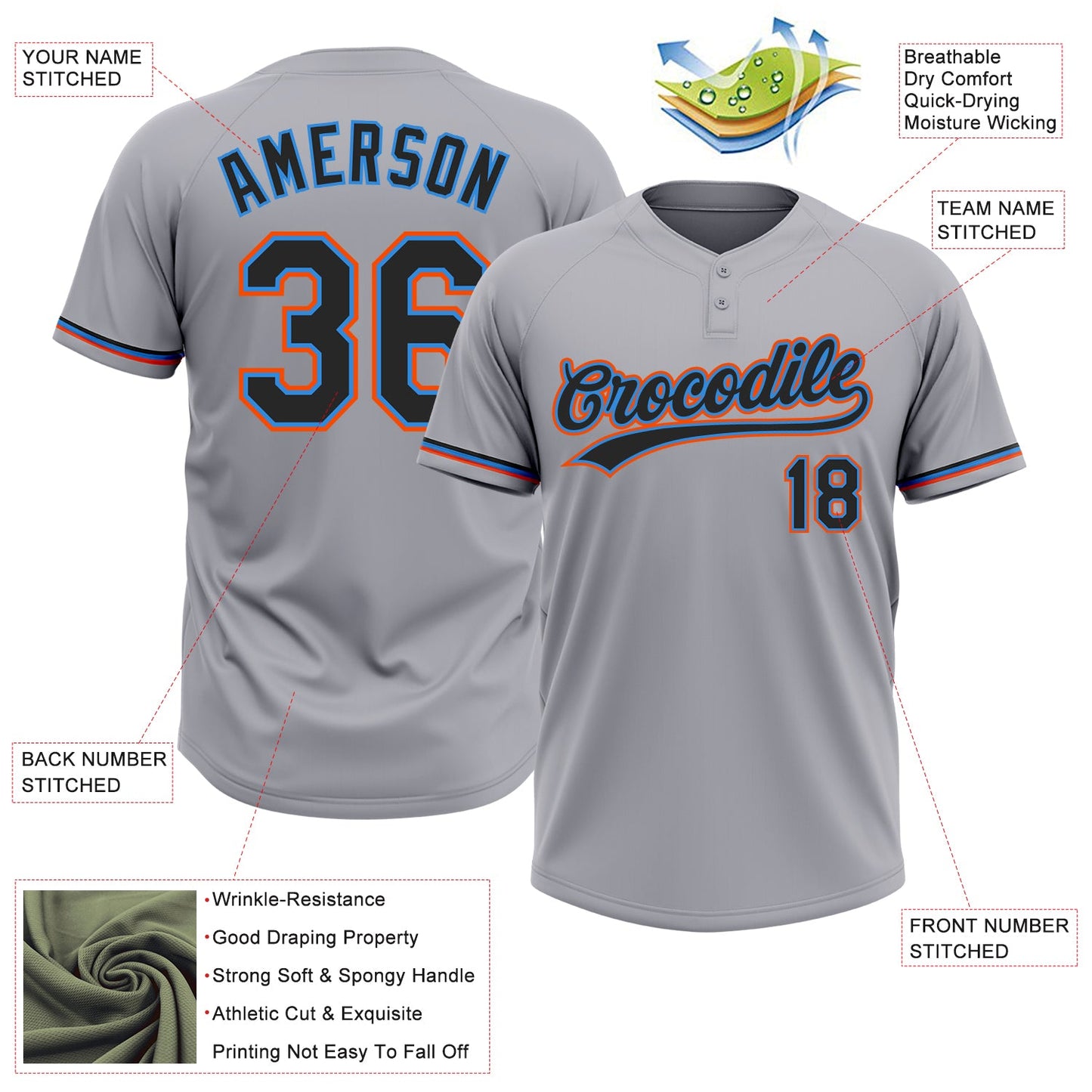 Custom Gray Black Electric Blue-Orange Two-Button Unisex Softball Jersey view 3