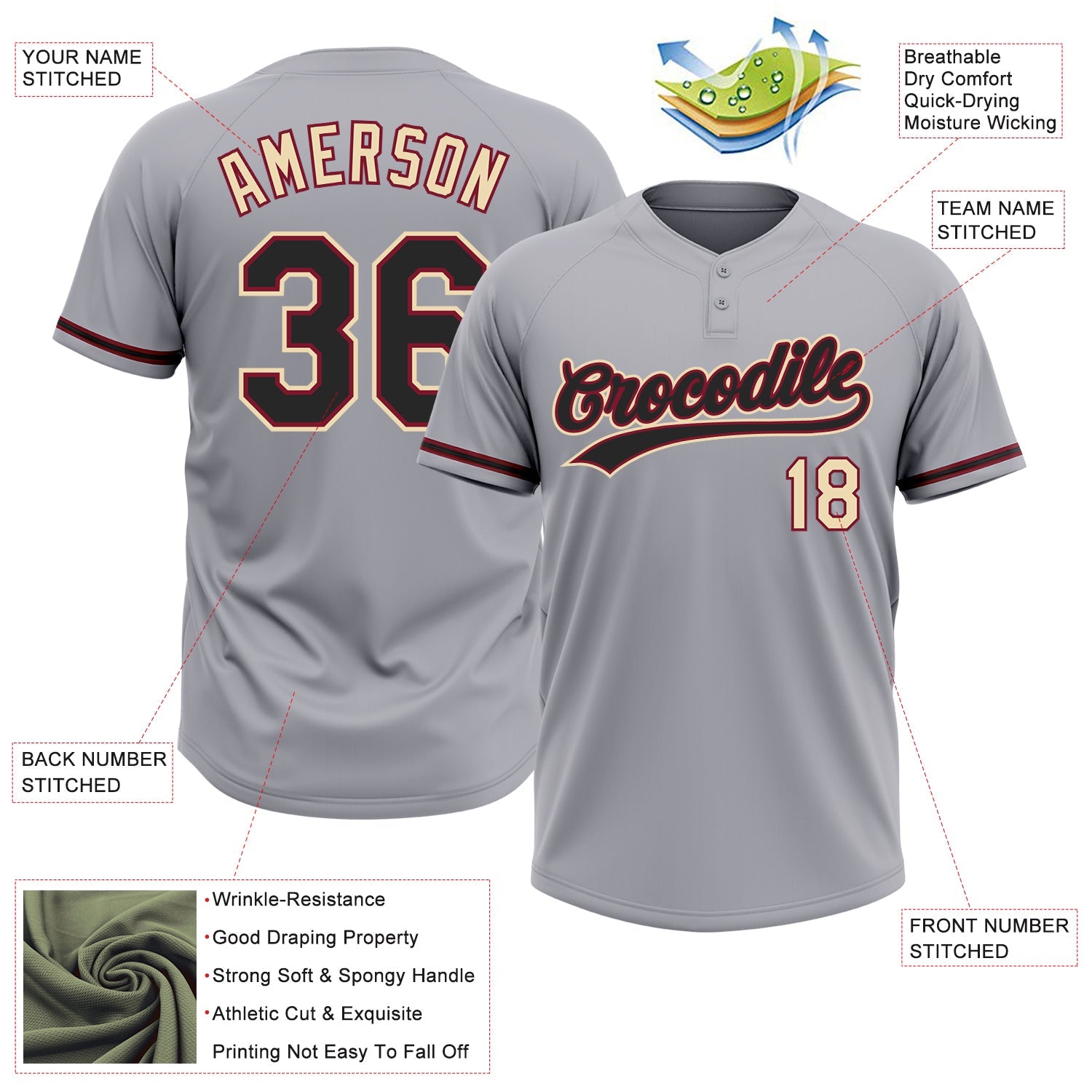 Custom Gray Black Crimson-Cream Two-Button Unisex Softball Jersey view 3