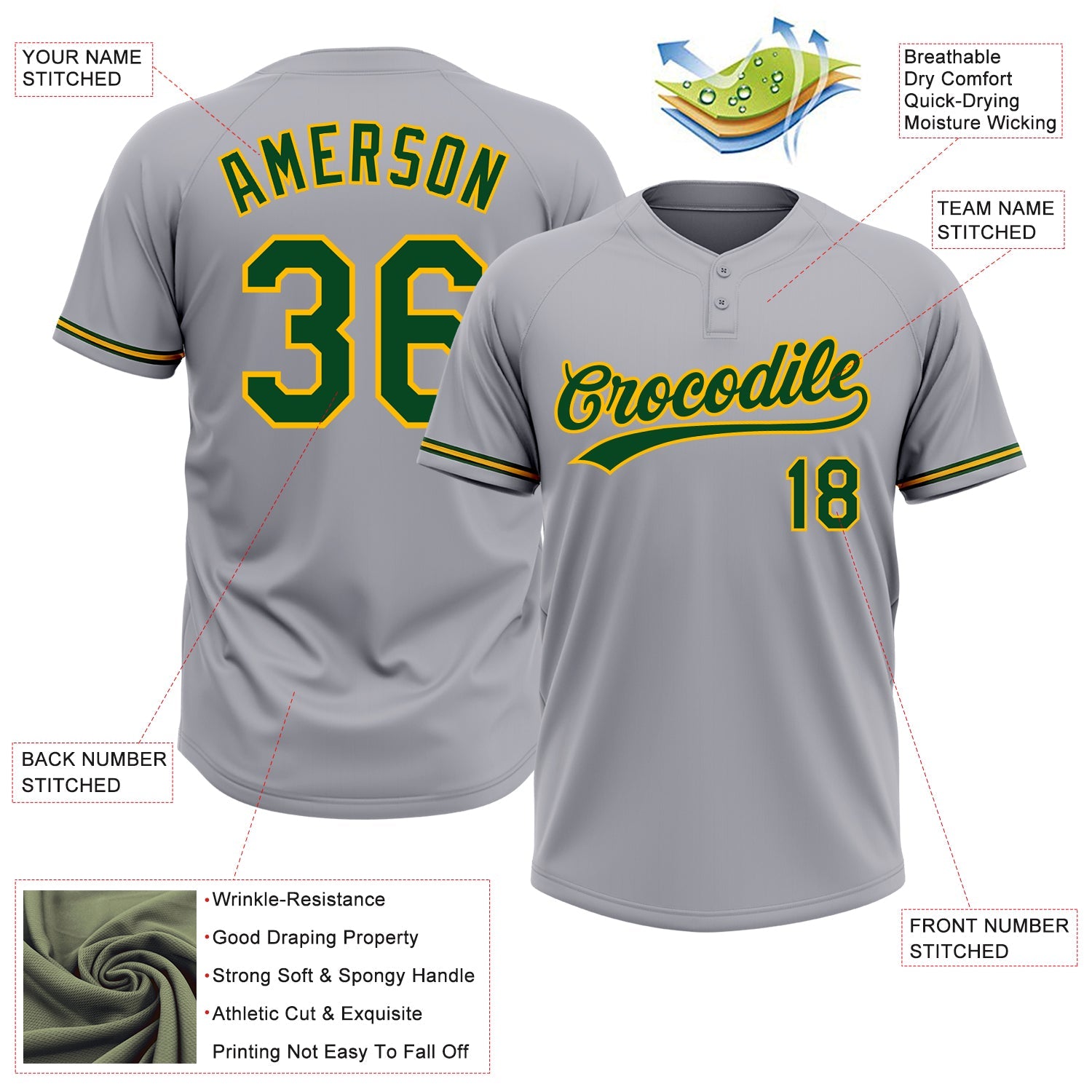 Custom Gray Green-Gold Two-Button Unisex Softball Jersey view 3