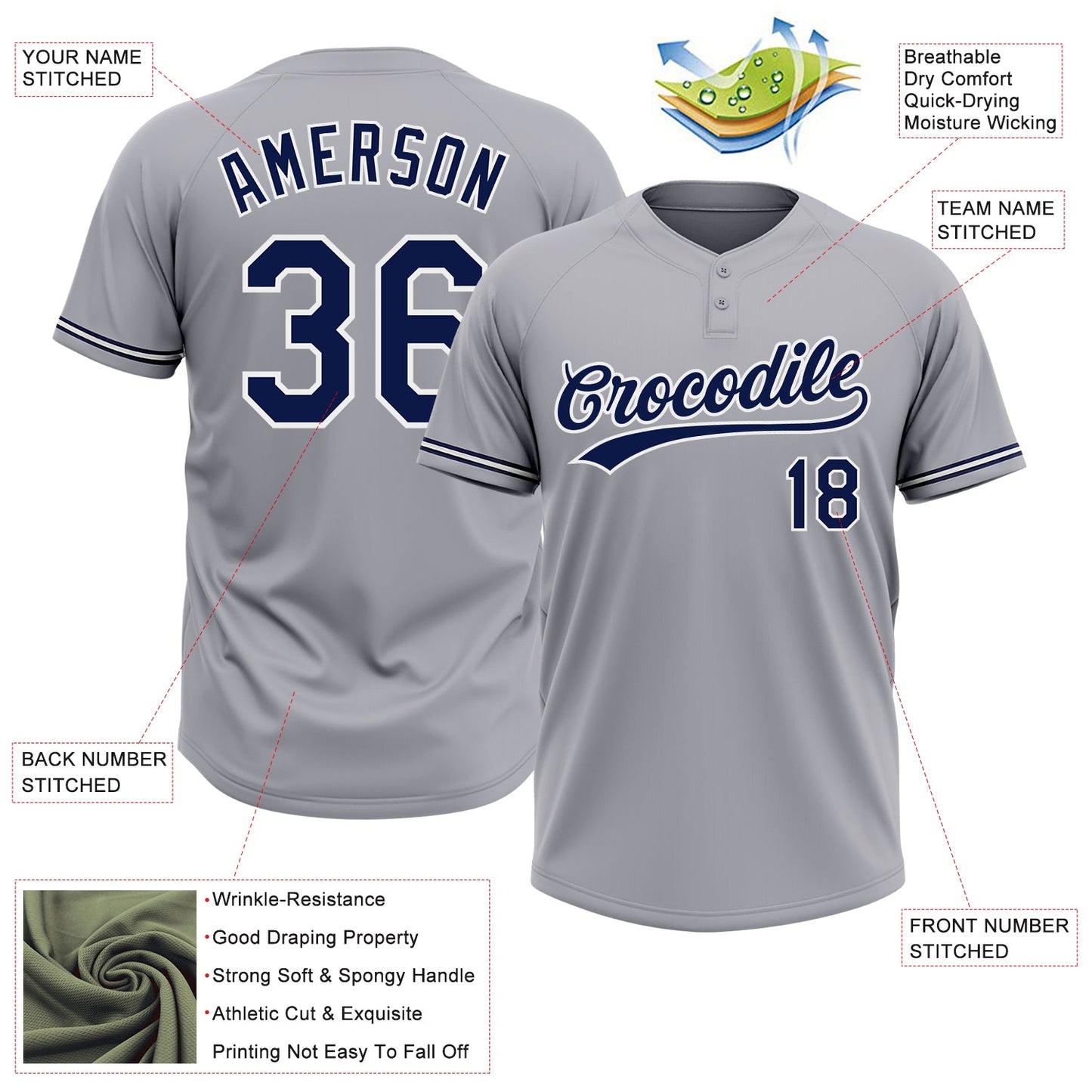 Custom Gray Navy-White Two-Button Unisex Softball Jersey view 3