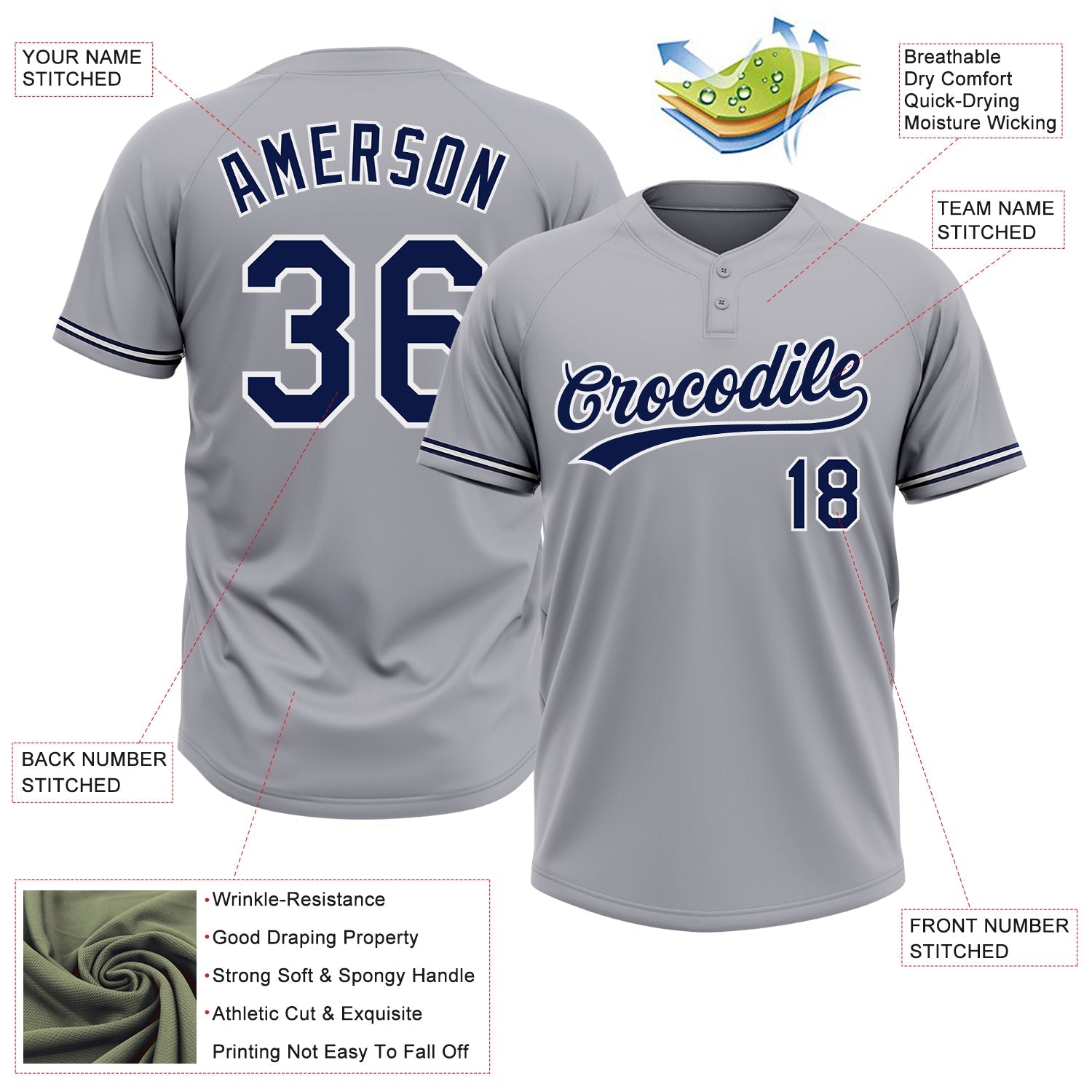 Custom Gray Navy-White Two-Button Unisex Softball Jersey view 3