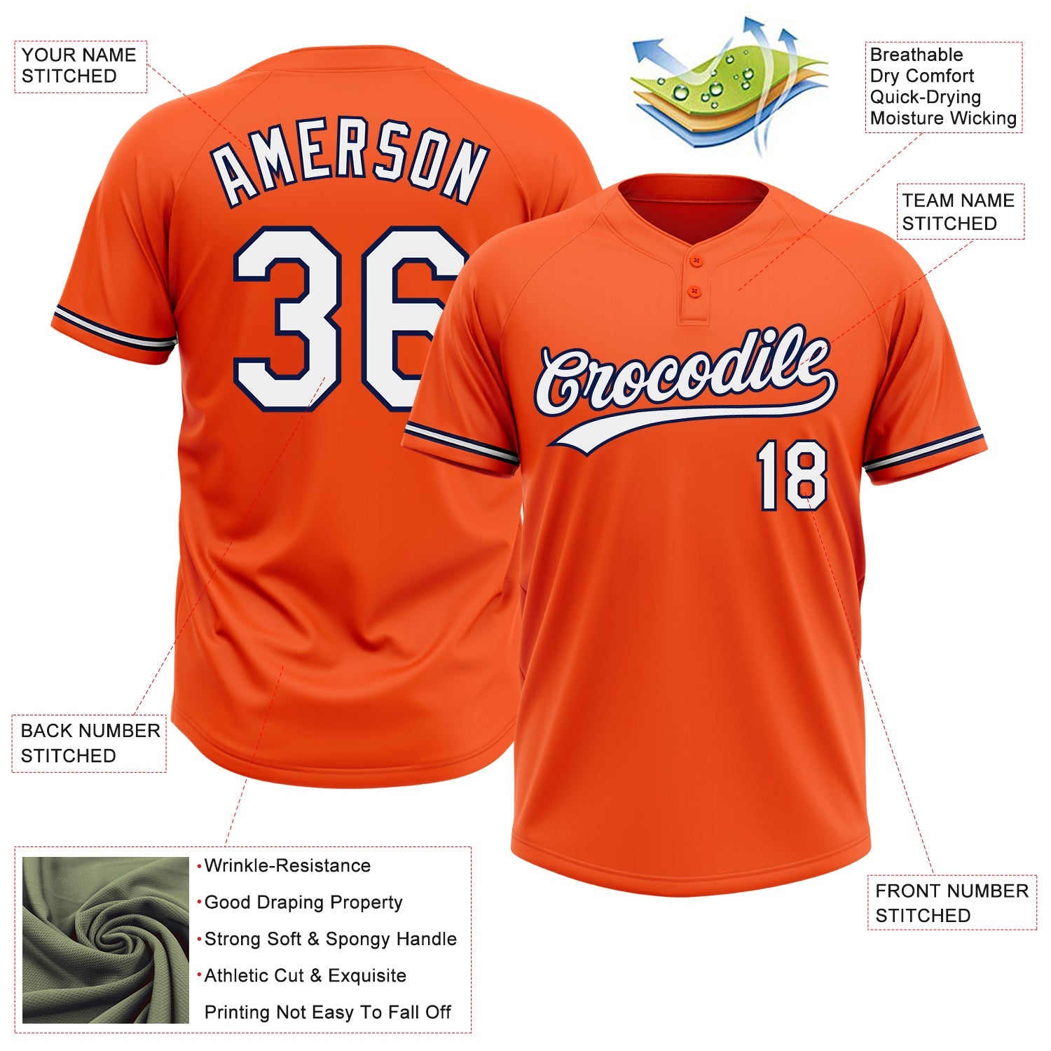 Custom Orange White-Navy Two-Button Unisex Softball Jersey view 3