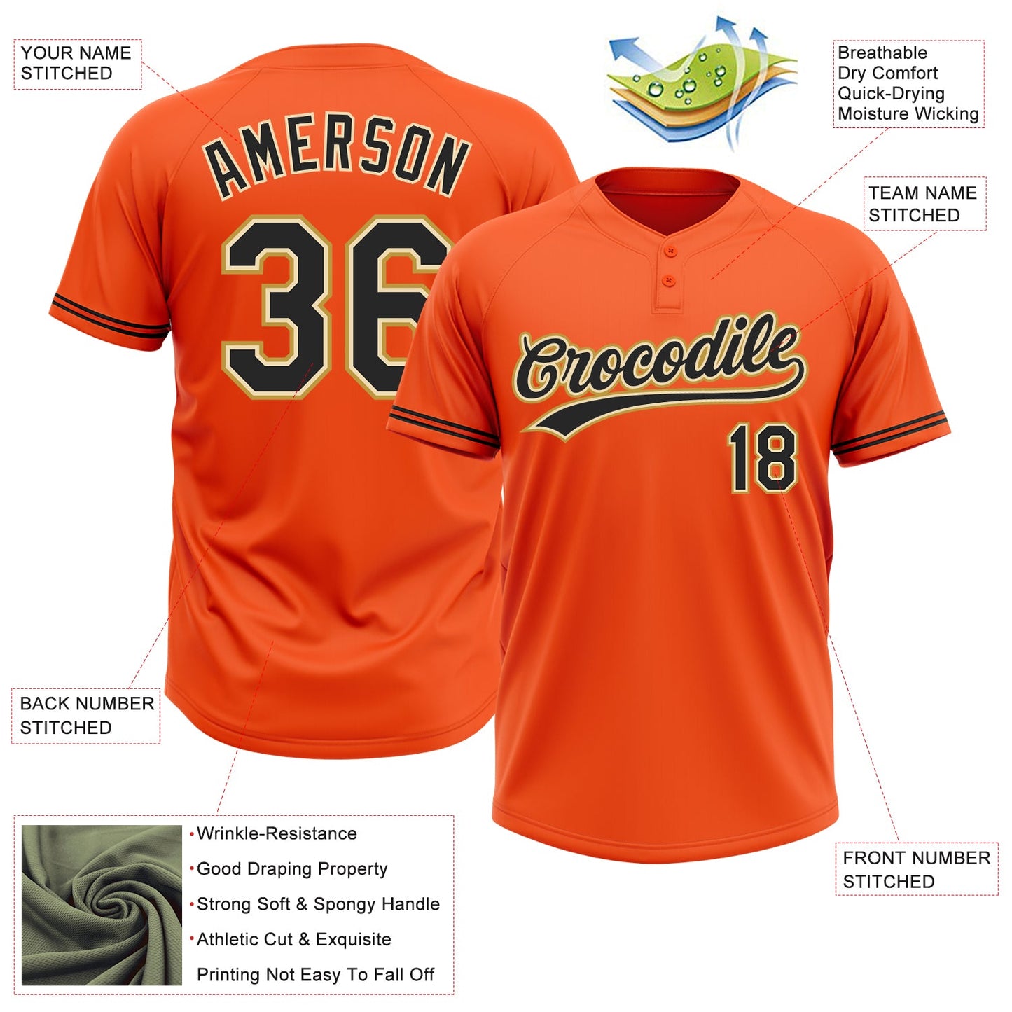 Custom Orange Black Cream-Old Gold Two-Button Unisex Softball Jersey view 3