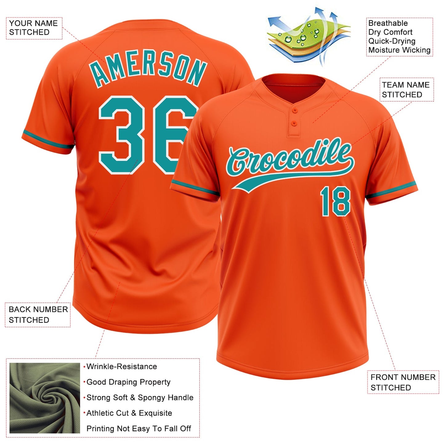 Custom Orange Teal-White Two-Button Unisex Softball Jersey view 3