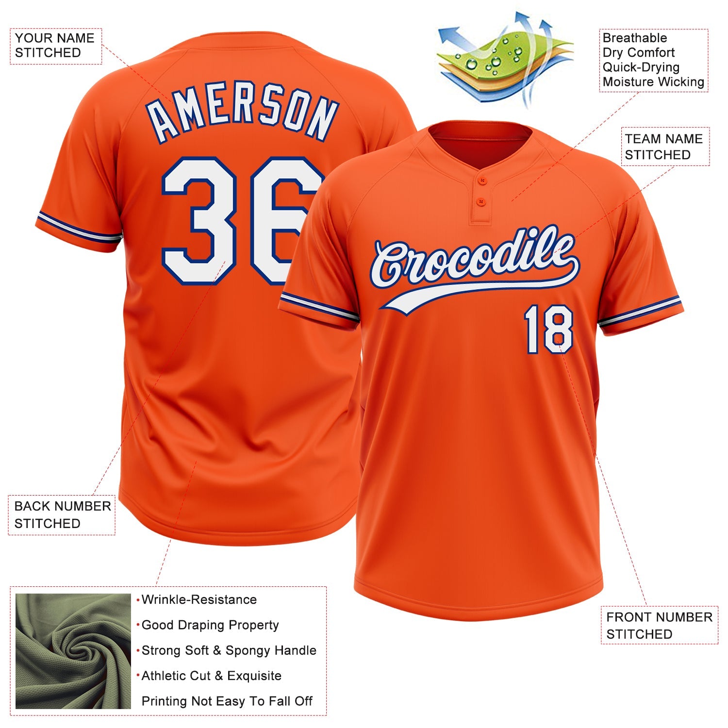 Custom Orange White-Royal Two-Button Unisex Softball Jersey view 3