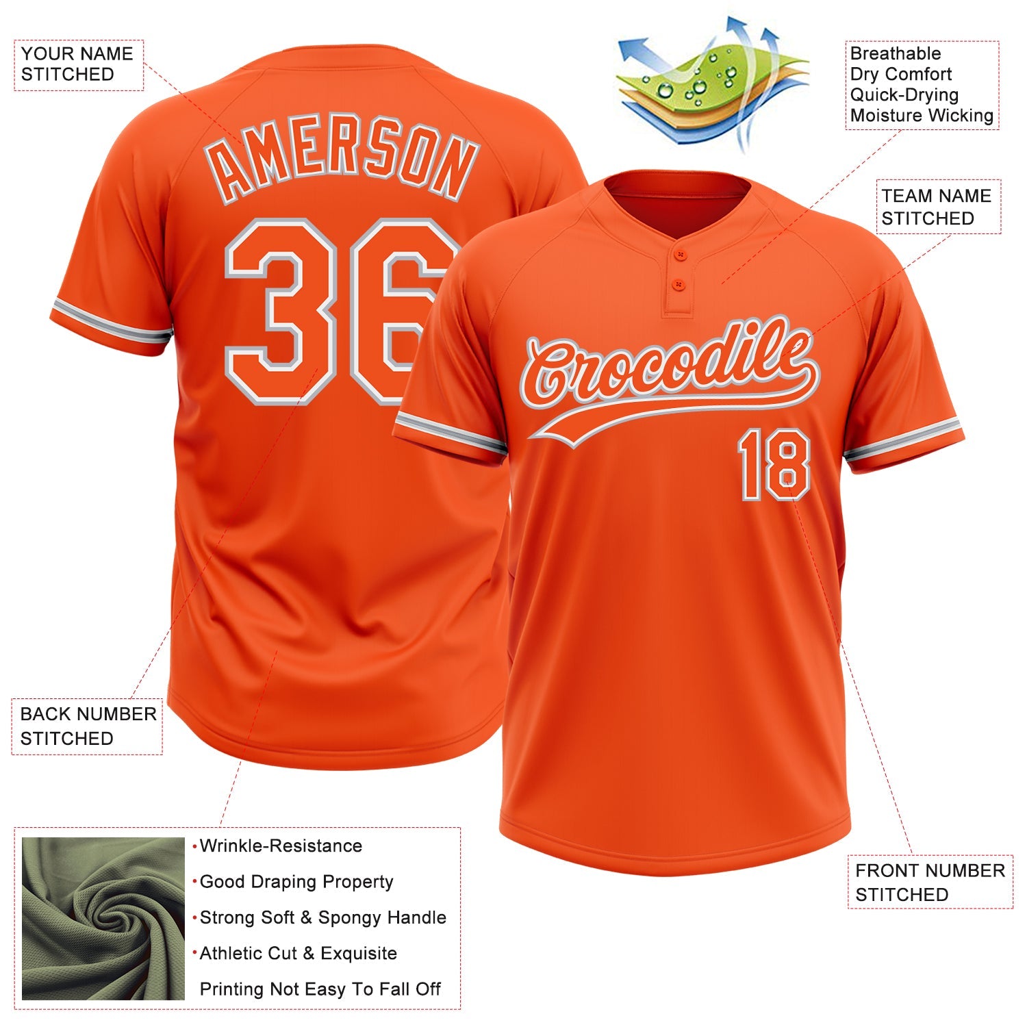 Custom Orange White-Gray Two-Button Unisex Softball Jersey view 3