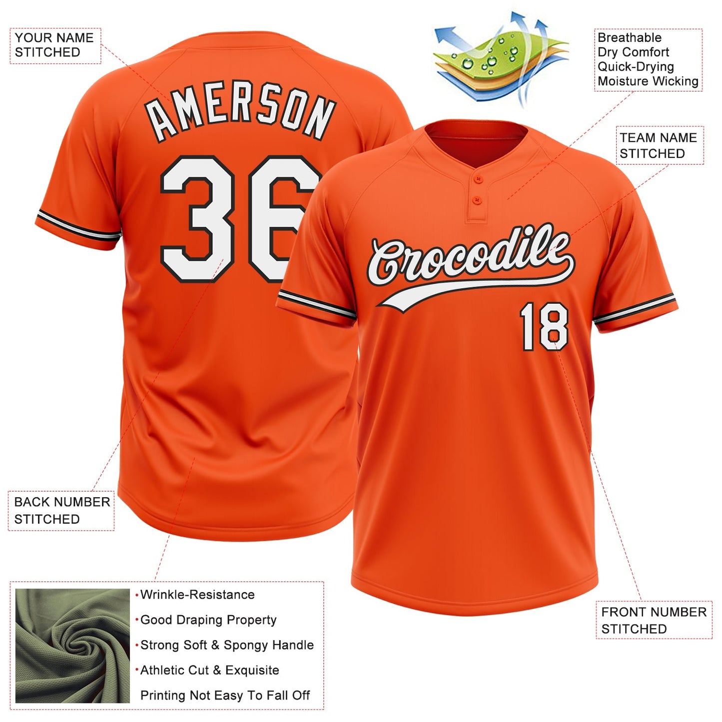 Custom Orange White-Black Two-Button Unisex Softball Jersey view 3