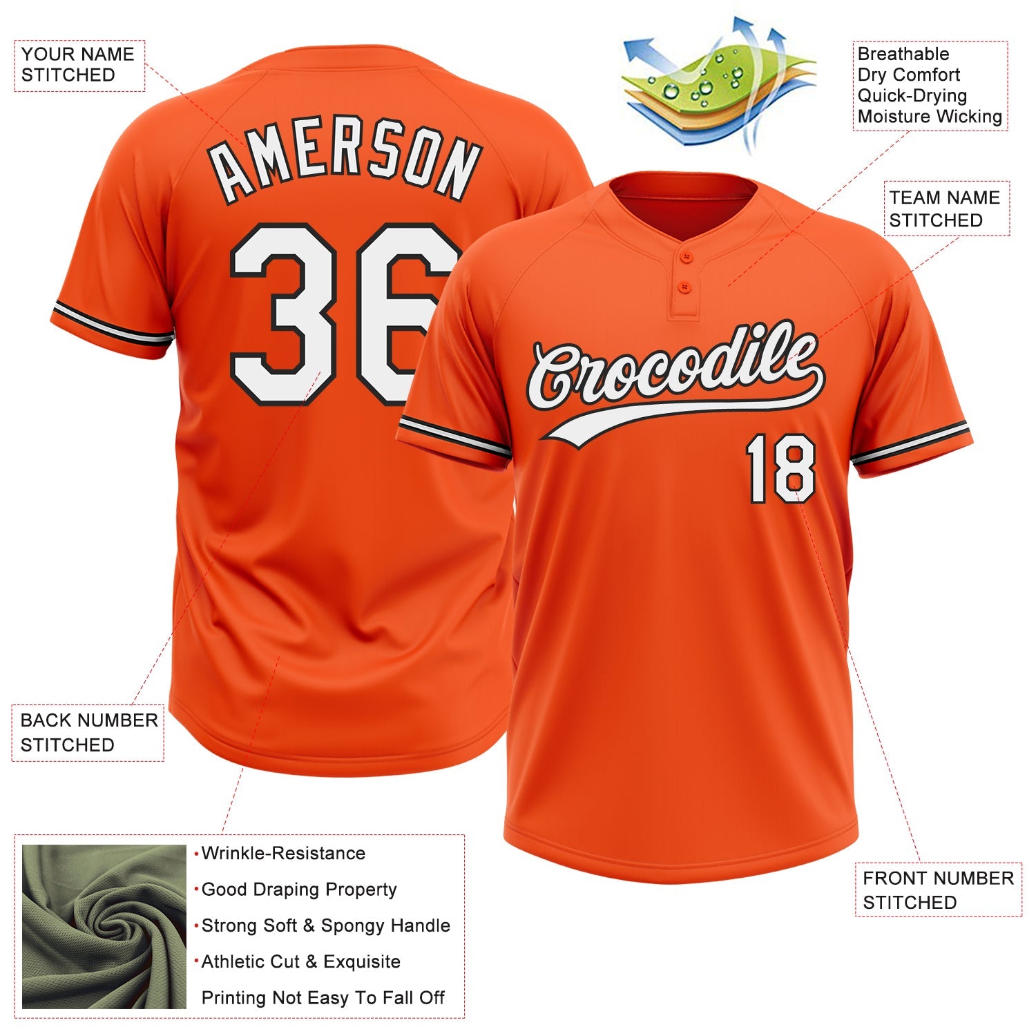 Custom Orange White-Black Two-Button Unisex Softball Jersey view 3
